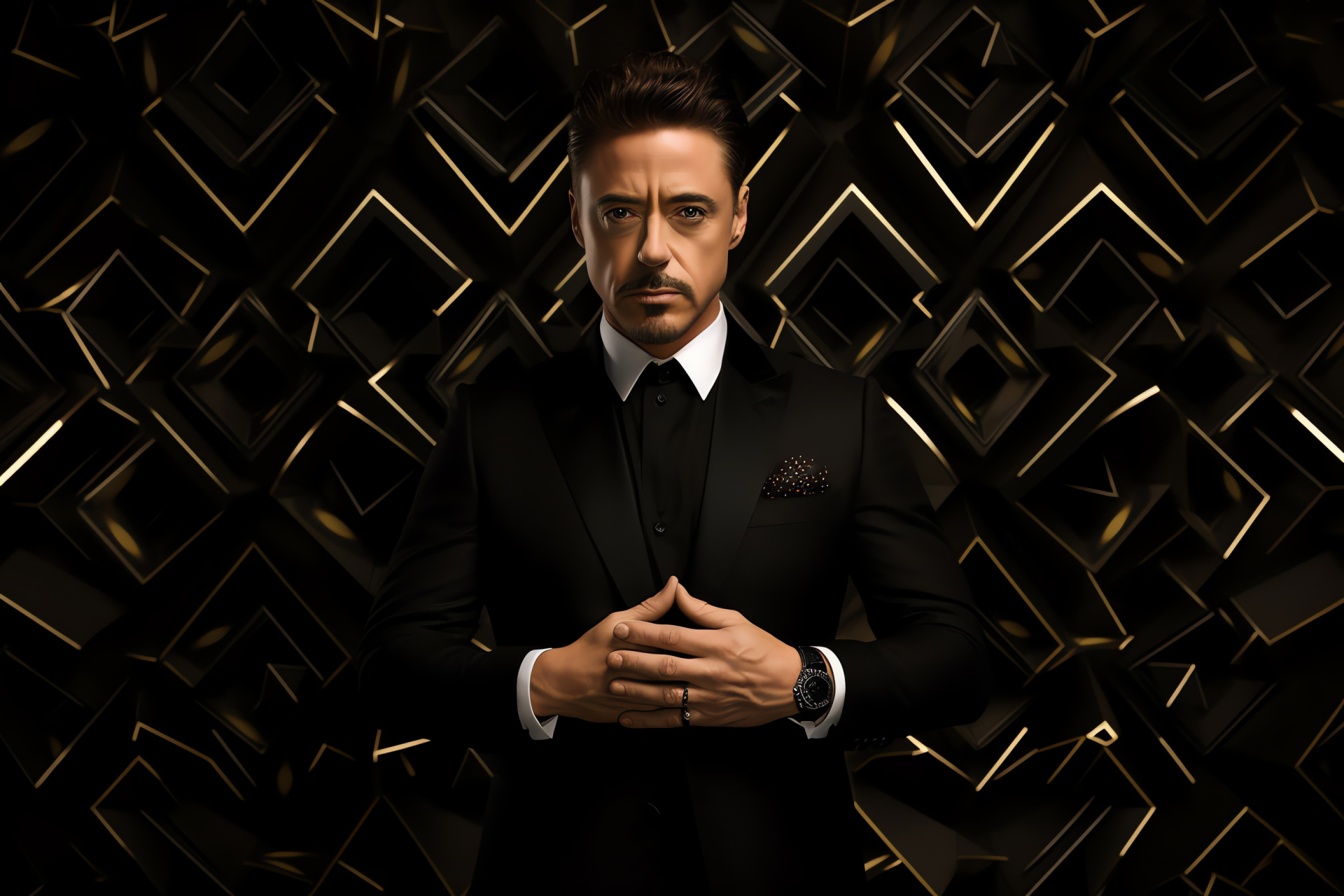 Robert Downey Jr, Iron Man persona, Cerulean gaze, Tailored attire, Advanced tech, HD Desktop Wallpaper