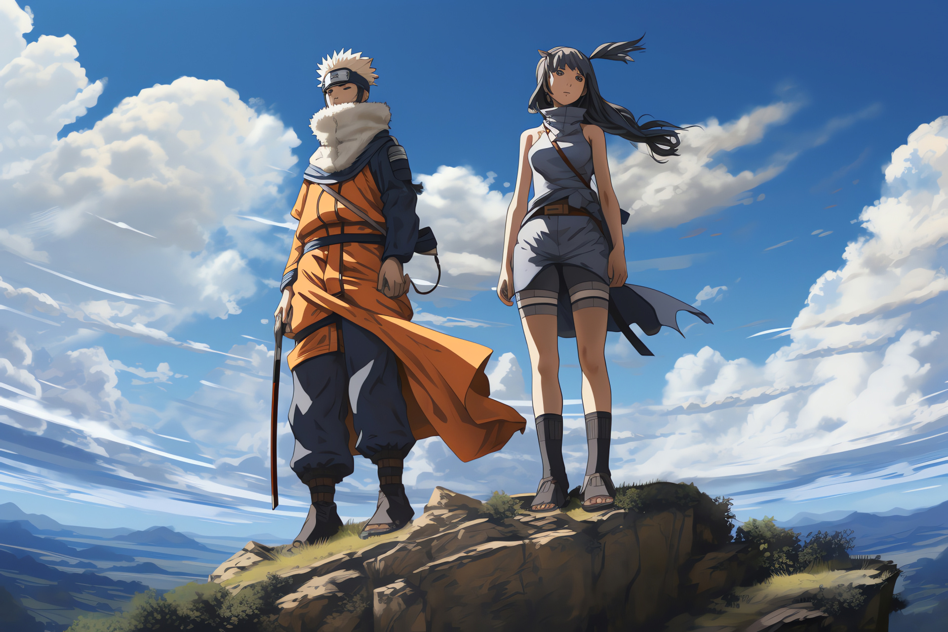 Naruto and Hinata, Majestic scenery, Mountain peak, Blustery ambiance, Anime romantic gesture, HD Desktop Wallpaper