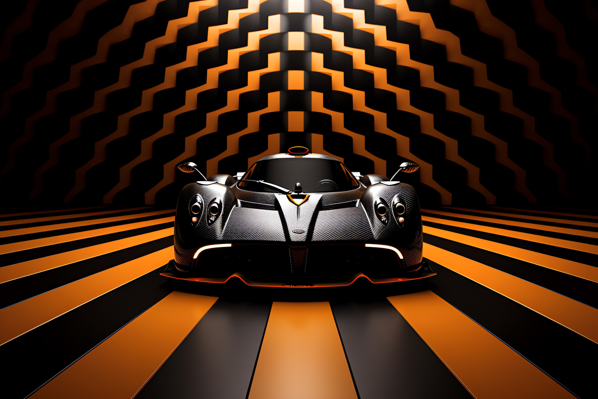 Pagani Zonda F, top-down view, abstract geometry, burnt orange hues, compelling artistry, HD Desktop Wallpaper