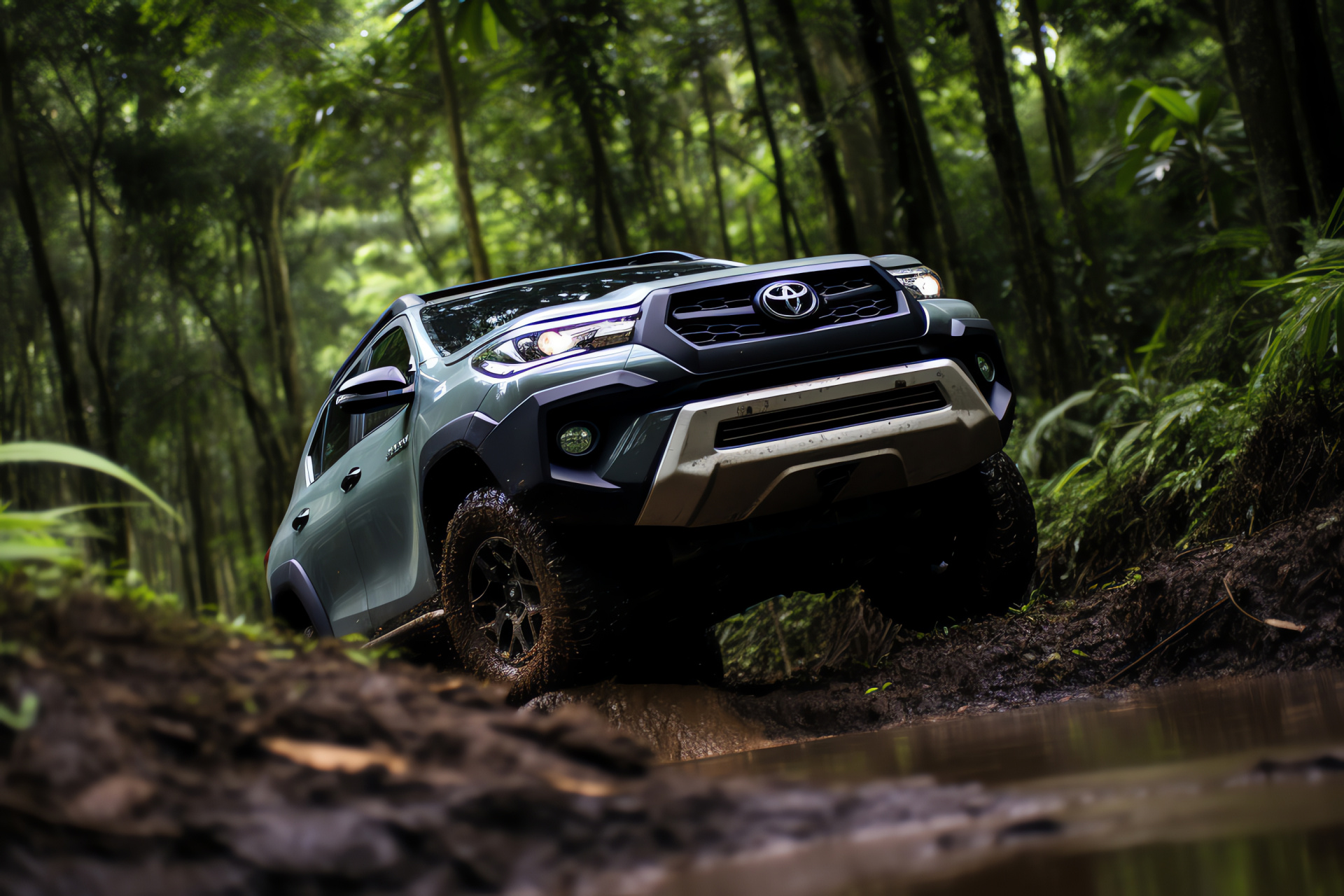 Toyota branded TRD, jungle landscape, Fortuner Pro model, raised suspension, dense forest ecosystem, HD Desktop Image