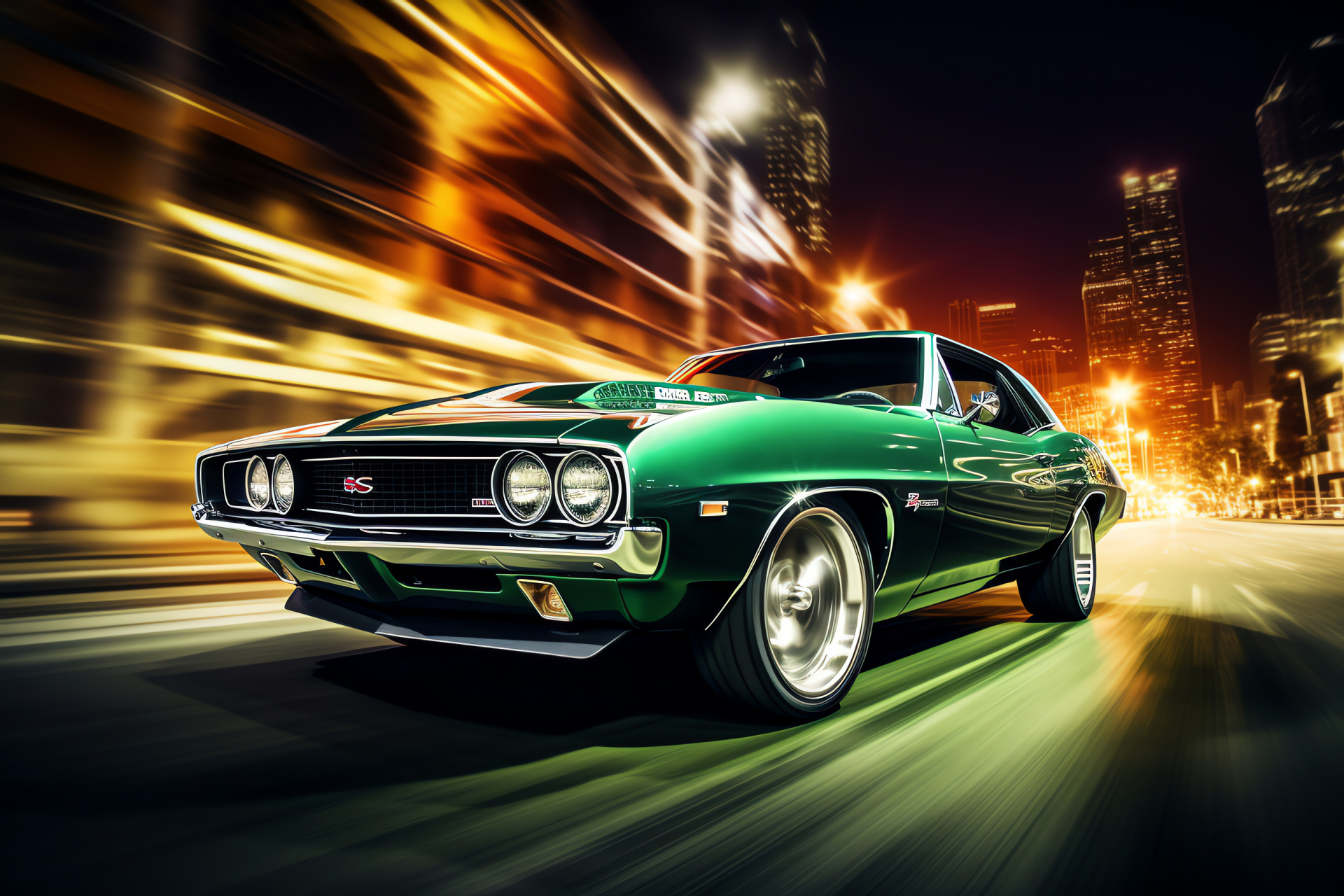 Prominent muscle car, Gleaming deep green, Aerial automotive angle, Distinctive muscular build, Classic design, HD Desktop Wallpaper
