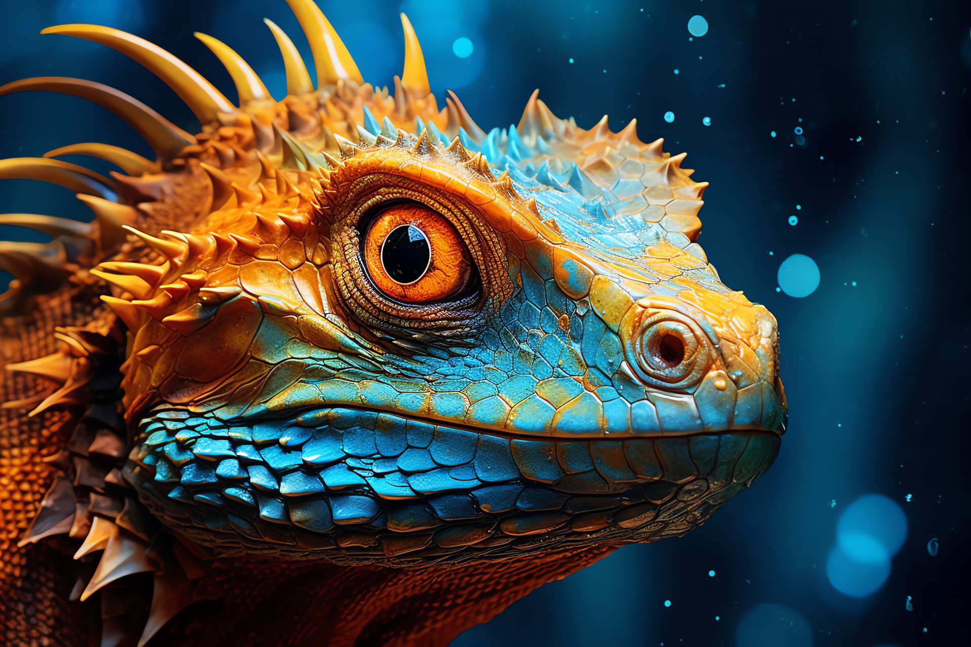 Water Dragon, mythical creature, golden scale armor, wise amber gaze, indigo mane, HD Desktop Image