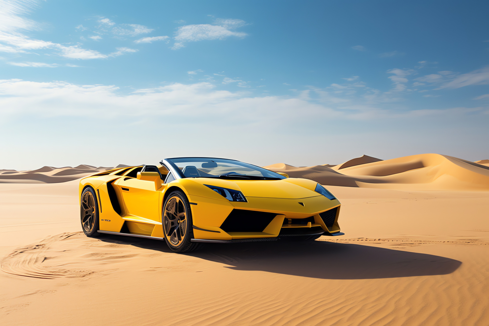 Murcielago LP640 Roadster, Dubai luxury scene, bright yellow Lamborghini, desert landscape, urban skyline, HD Desktop Wallpaper