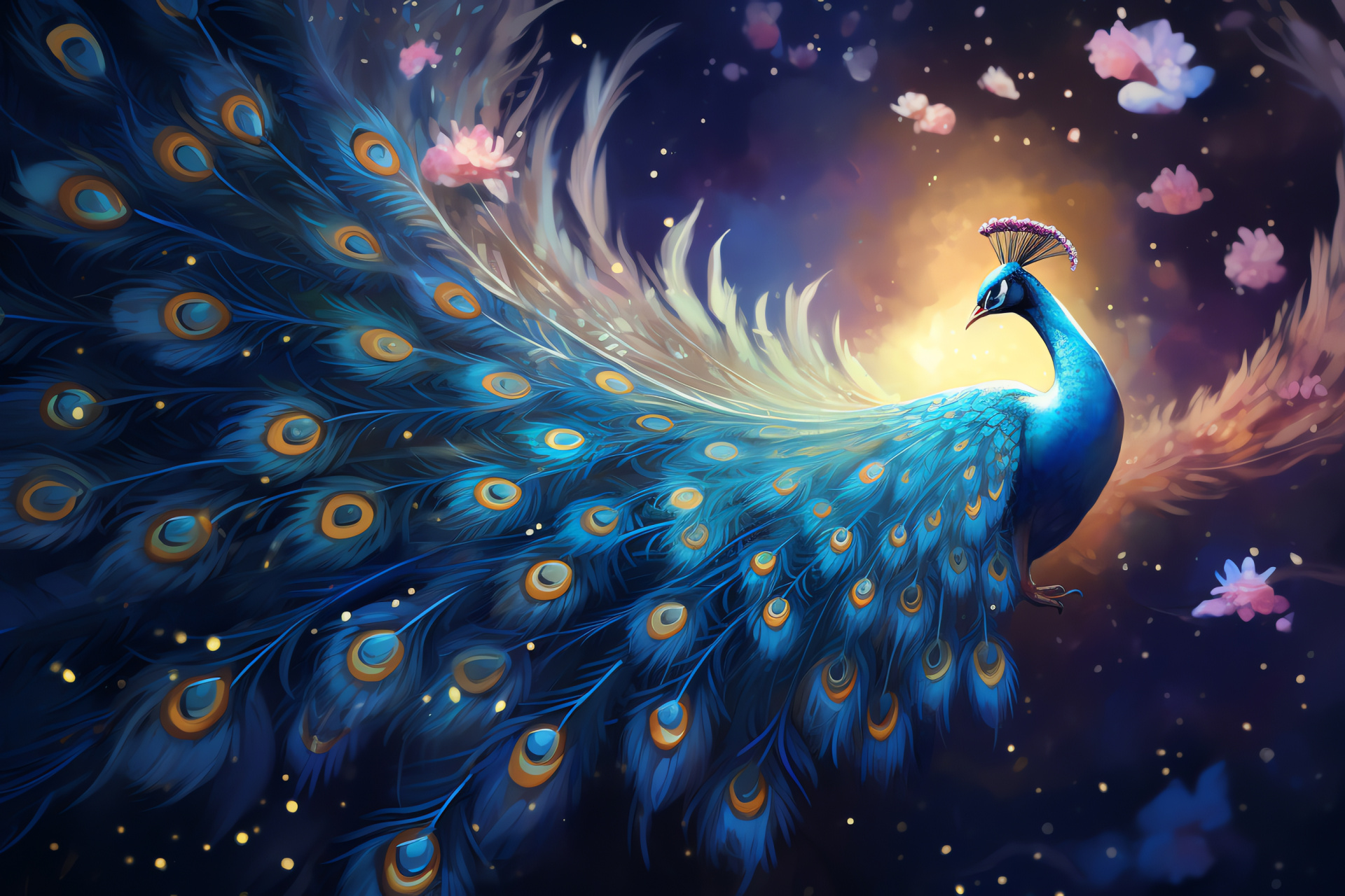 Celestial Peacock, Ethereal flight, Skyward plumage, Cosmic wonder, Starry display, HD Desktop Wallpaper