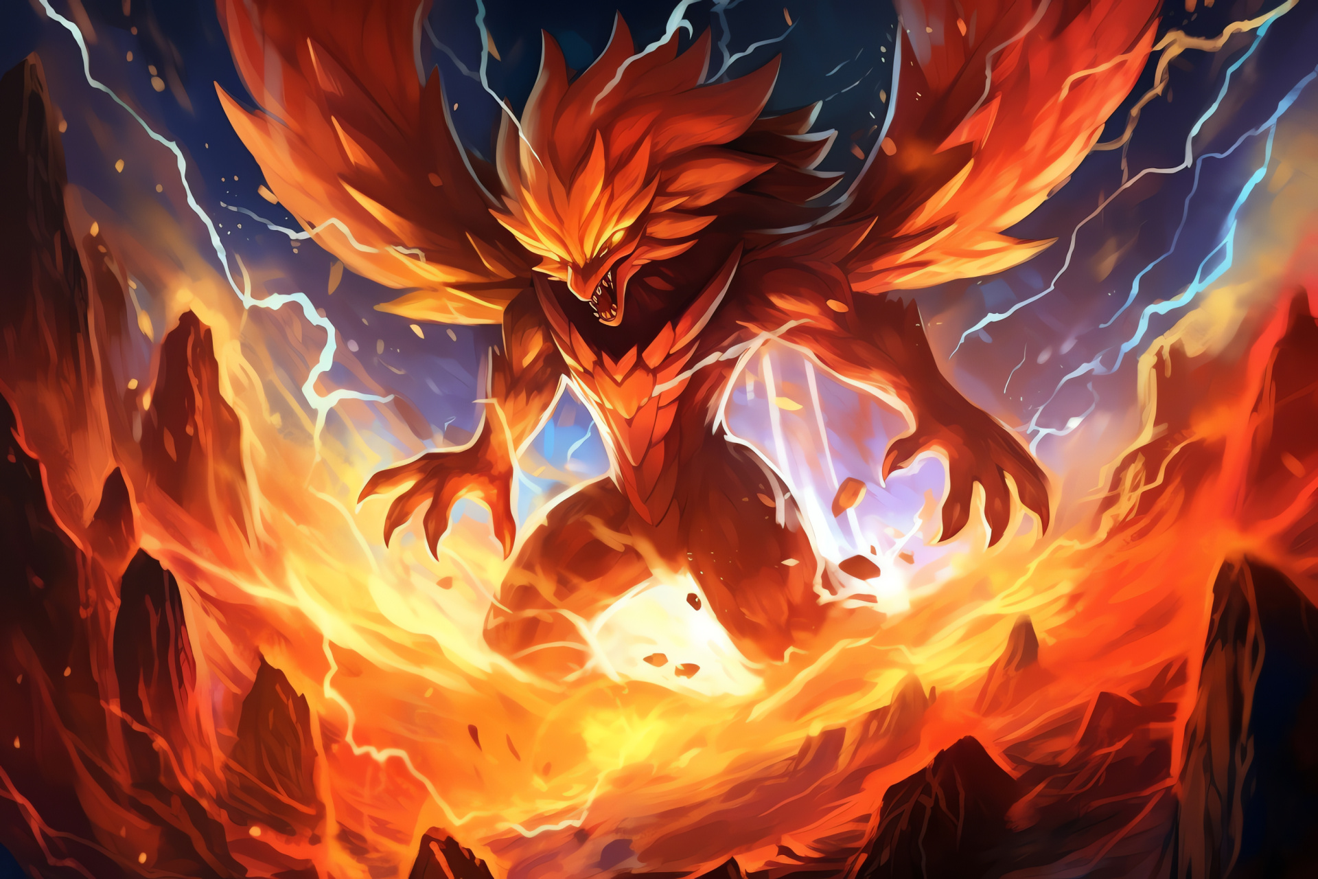 Mega Blaziken storm scene, Cliffside artwork, Ember-like aura, Precipitation visuals, Gaming rendition, HD Desktop Wallpaper