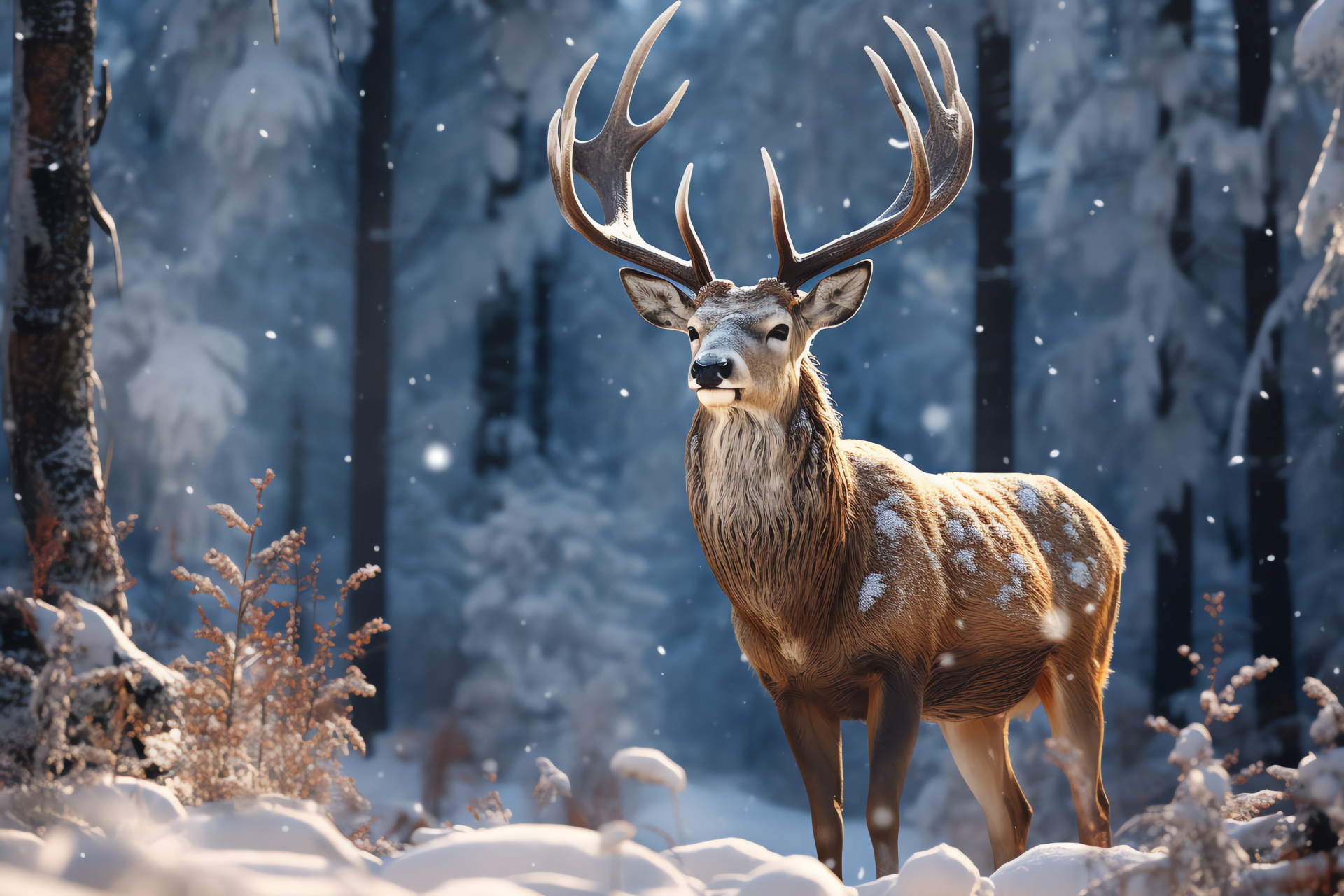 Cervidae in snow, wildlife habitat, antlered ruminant, winter fauna, serene nature, HD Desktop Image