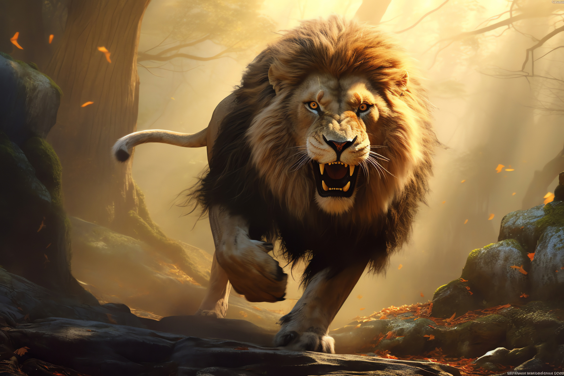 Roaring Aslan, Powerful Narnian lion, Intense action scene, Forceful Beast, Lions' noble flair, HD Desktop Image