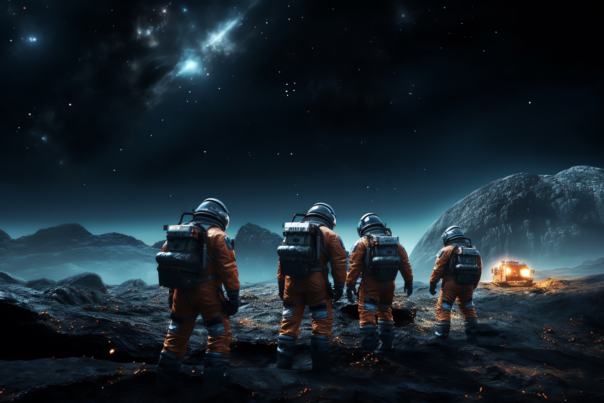 Space voyage narrative, Astronaut attire, Lunar exploration, Space missions, Intergalactic travel, HD Desktop Image