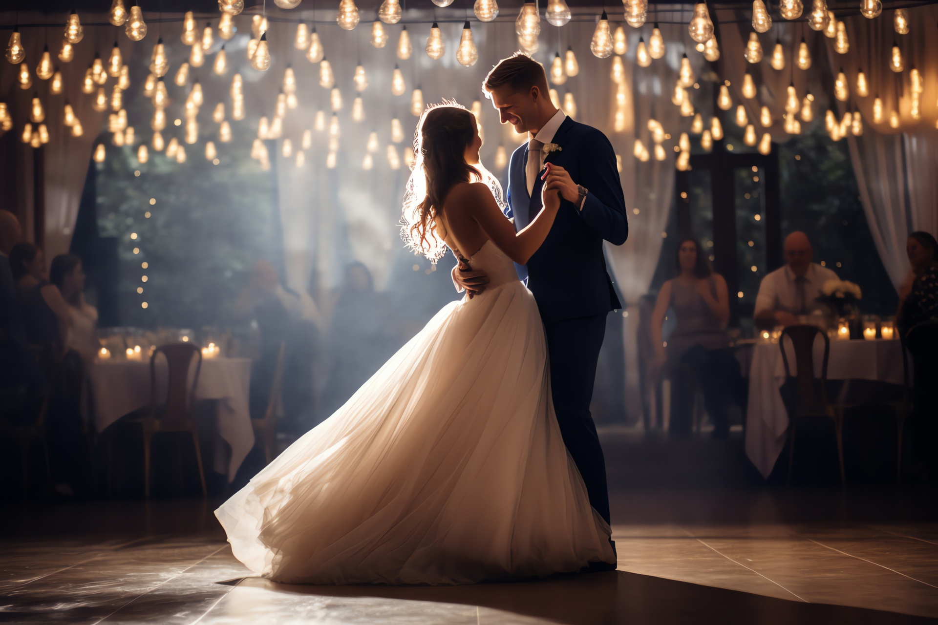 Nuptial waltz, Dance celebration, Illuminated ballroom, Evening gala, Celebratory lighting, HD Desktop Image