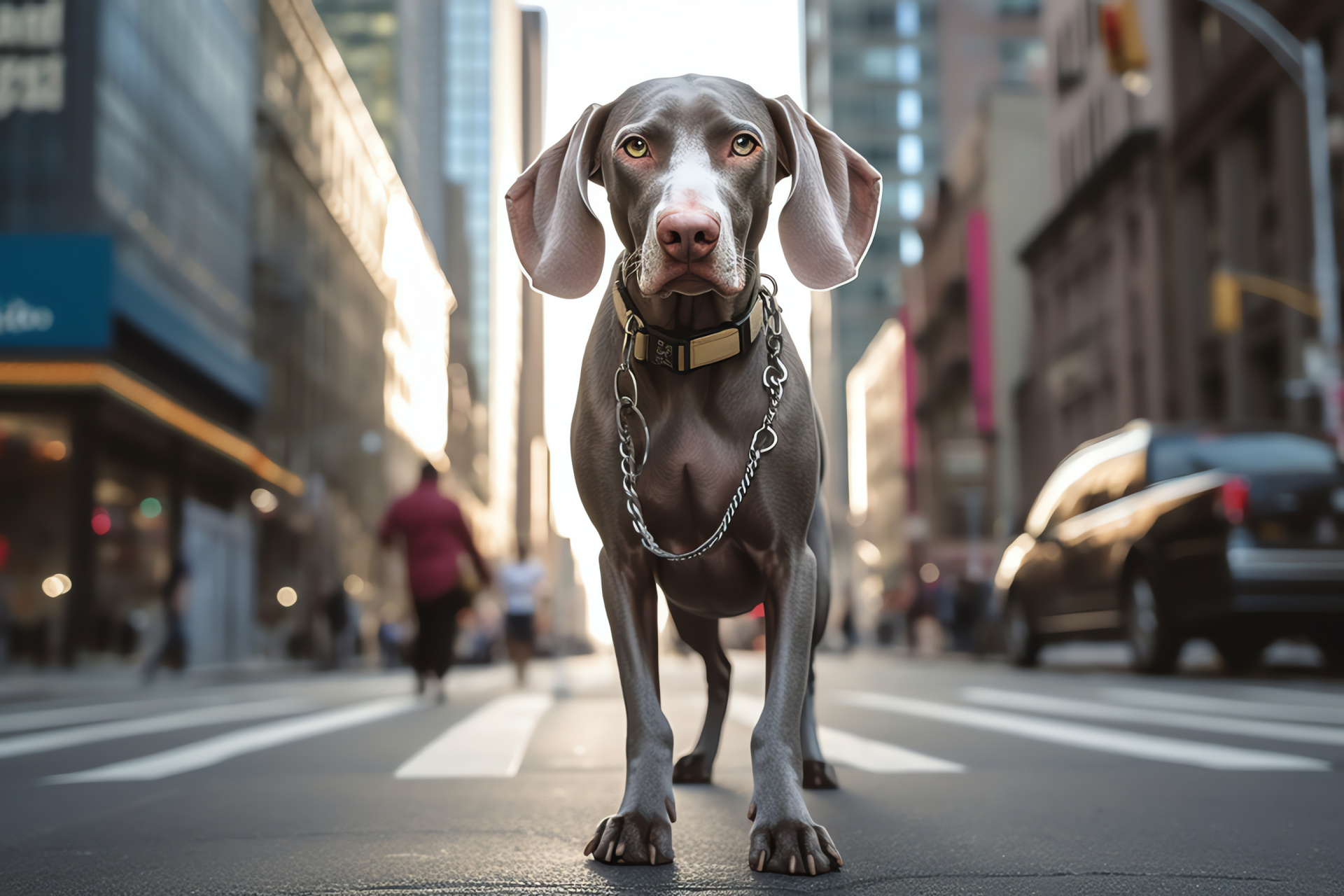 Weimaraner on leash, trained dog, obedient pet, canine features, active breed, HD Desktop Wallpaper