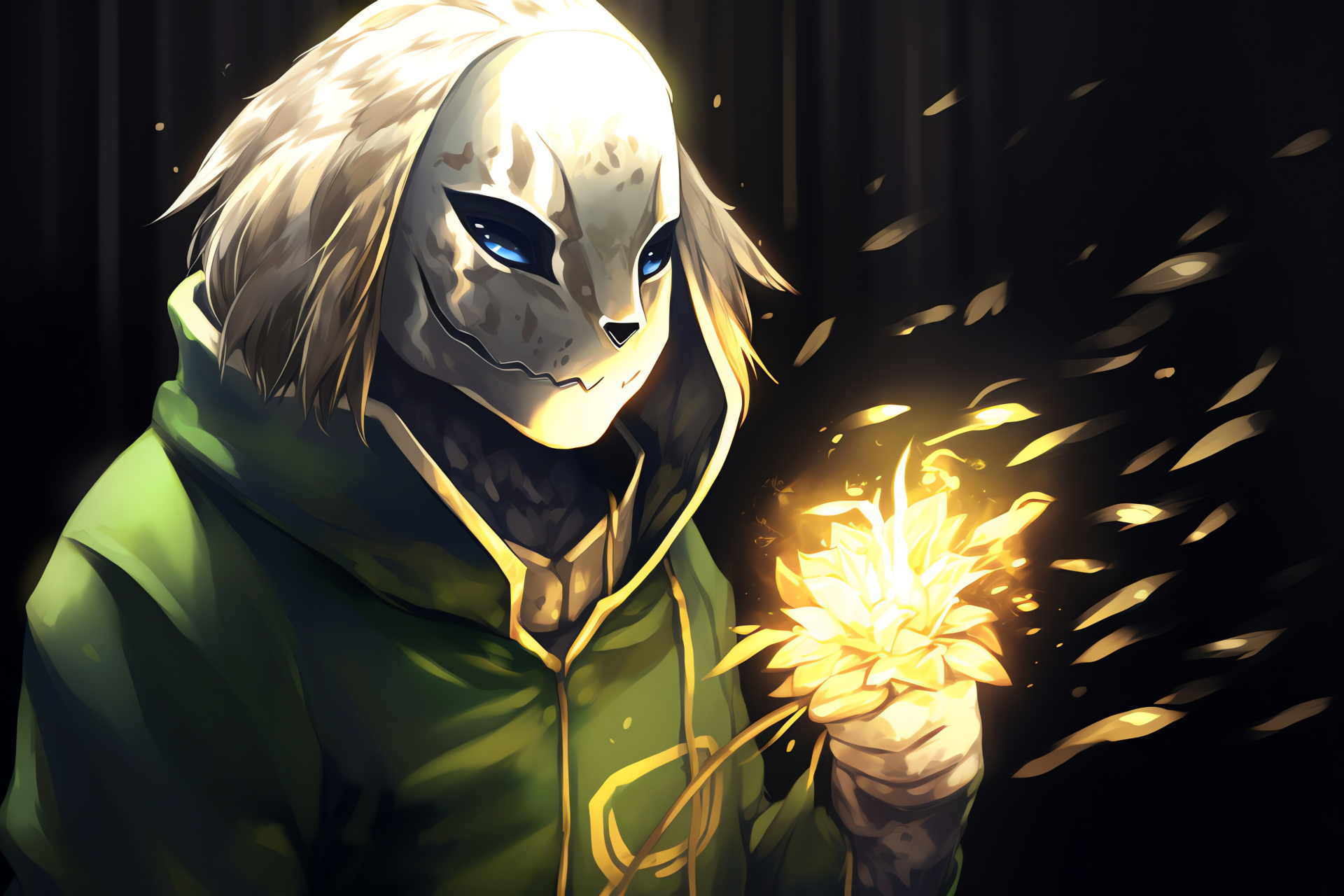 Undertale character Asriel, dreamer's appearance, golden flora, mystical essence, shaded backdrop, HD Desktop Wallpaper