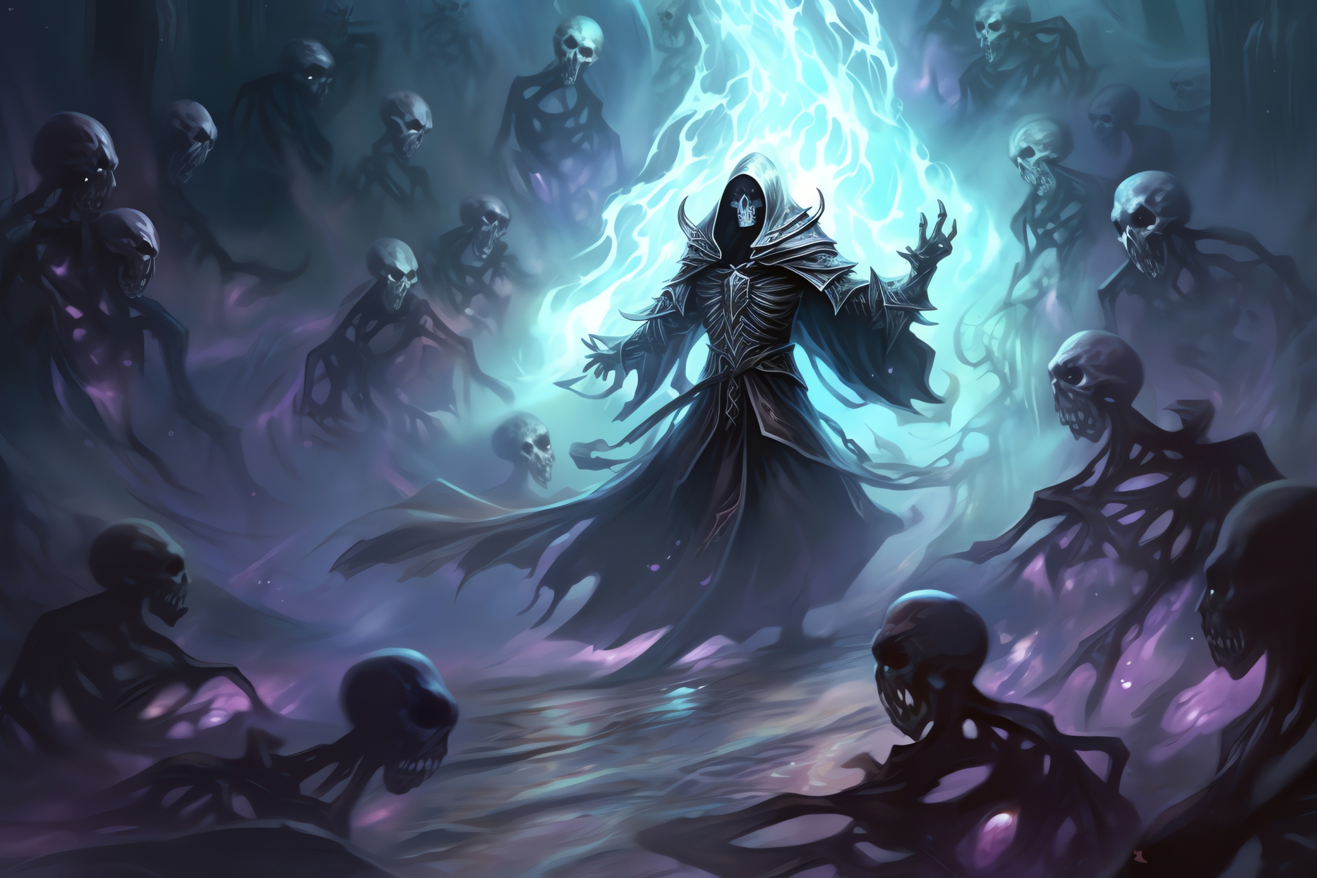 Fantasy necromancer, Battle mage, Swirling magic, Summoned undead, Dark power display, HD Desktop Image
