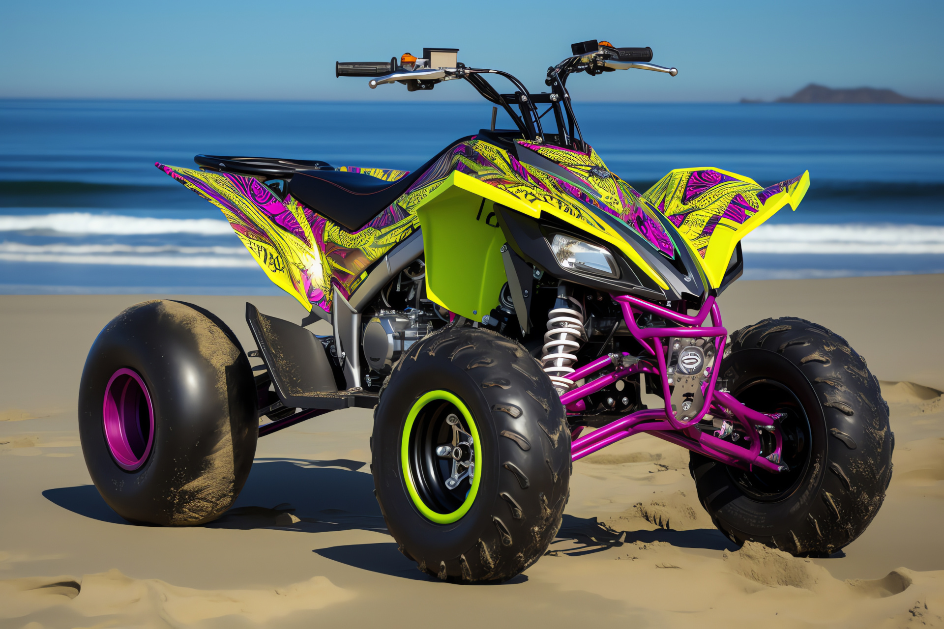 Raptor 700SE model, Dune landscape, Beach sand ATV, Bright neon design, Seashore vibe, HD Desktop Wallpaper