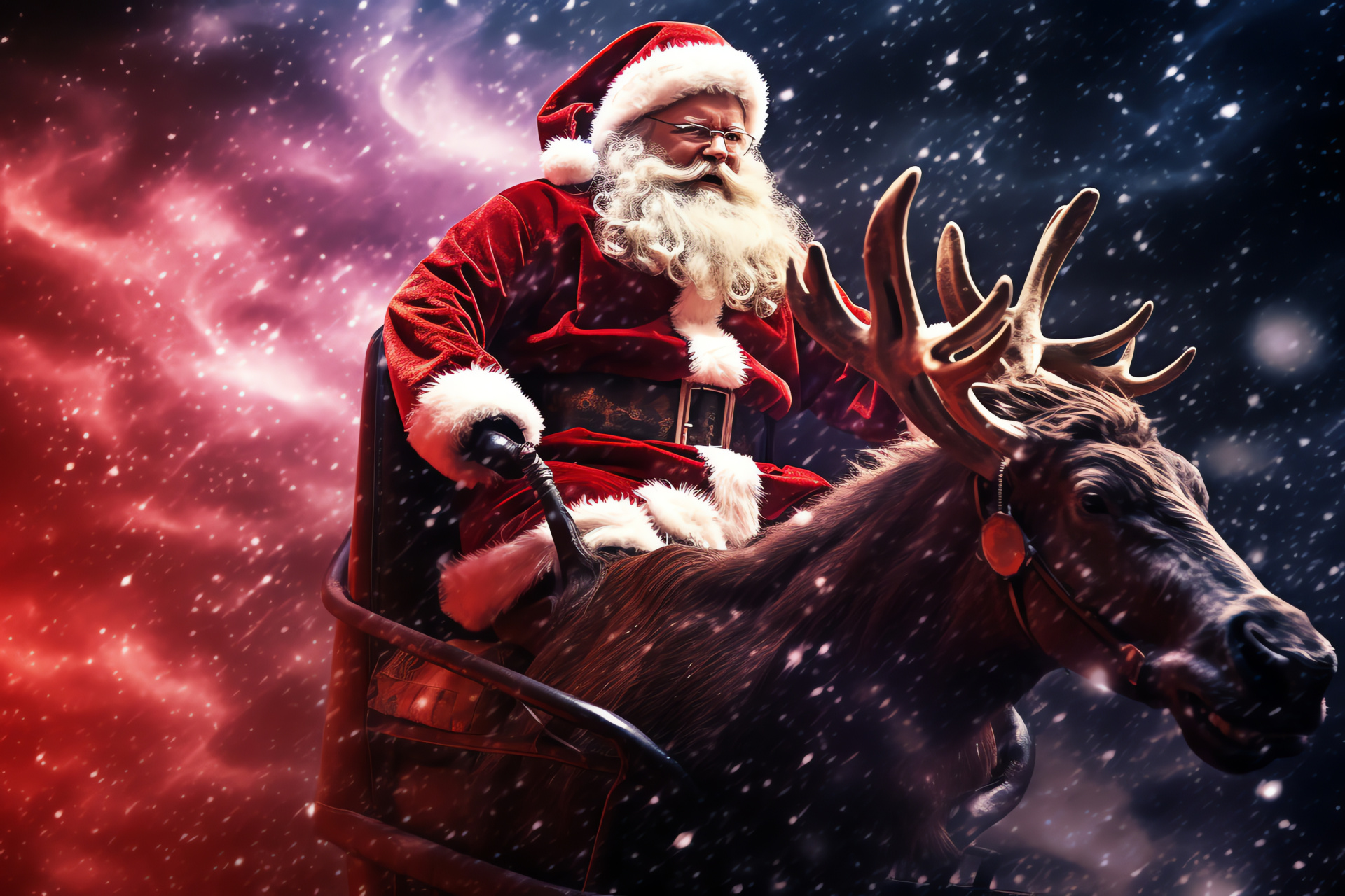 Father Christmas, Frosty evening, Celestial terrain, Holiday convoy, Reindeer companions, HD Desktop Wallpaper