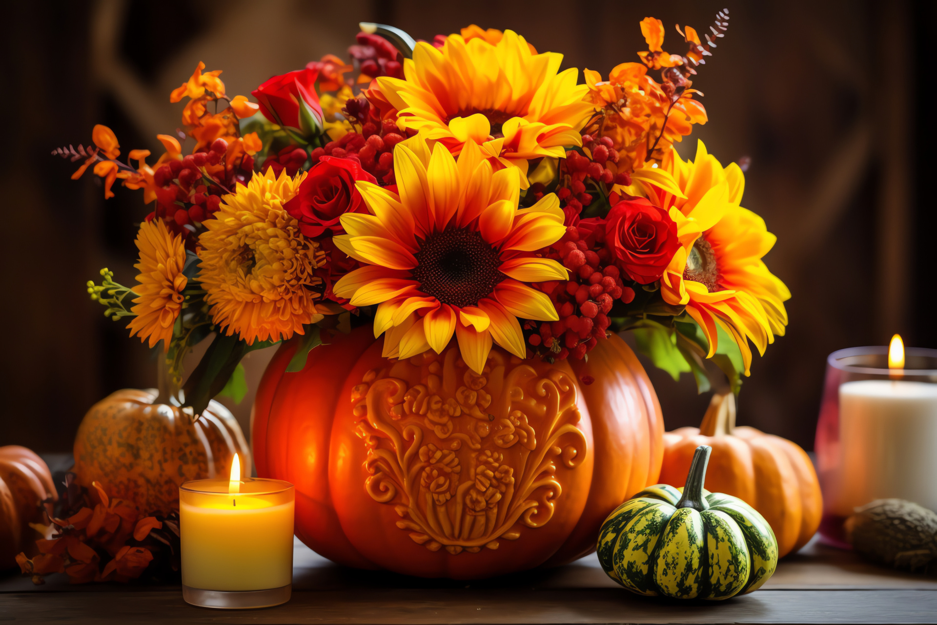 Festive pumpkin display, Halloween floral decor, Fall blossom collection, Bright orange harvest, Autumnal table centerpiece, HD Desktop Wallpaper