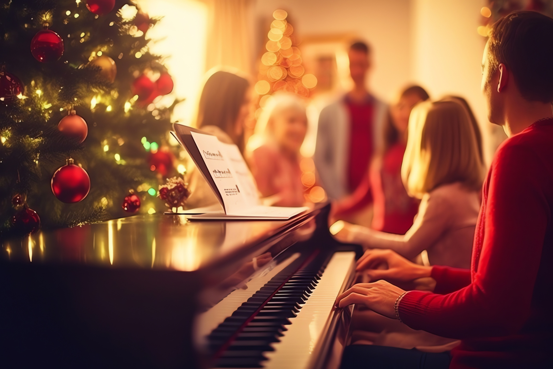 Holiday carol singers, Piano-accompanied melodies, Winter celebration, Vocal Yuletide tradition, Festive harmony, HD Desktop Image