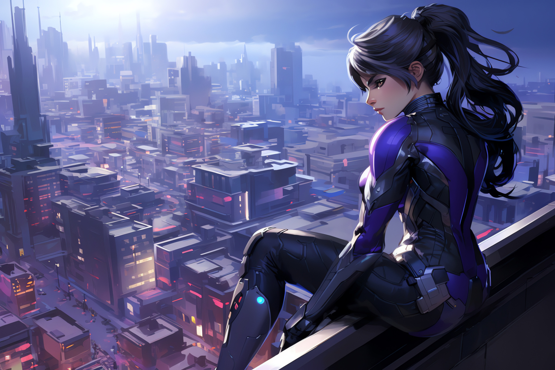 Widowmaker Overwatch sniper, Parisian villain, high vantage point, Indigo attire, assassination expertise, HD Desktop Image