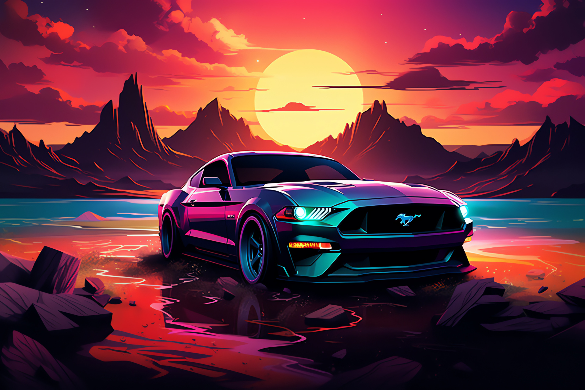 Full-length Mustang display, Dreamscape Mustang setting, Surreal terrain Mustang, Square hues frame, Sleek auto contour, HD Desktop Wallpaper