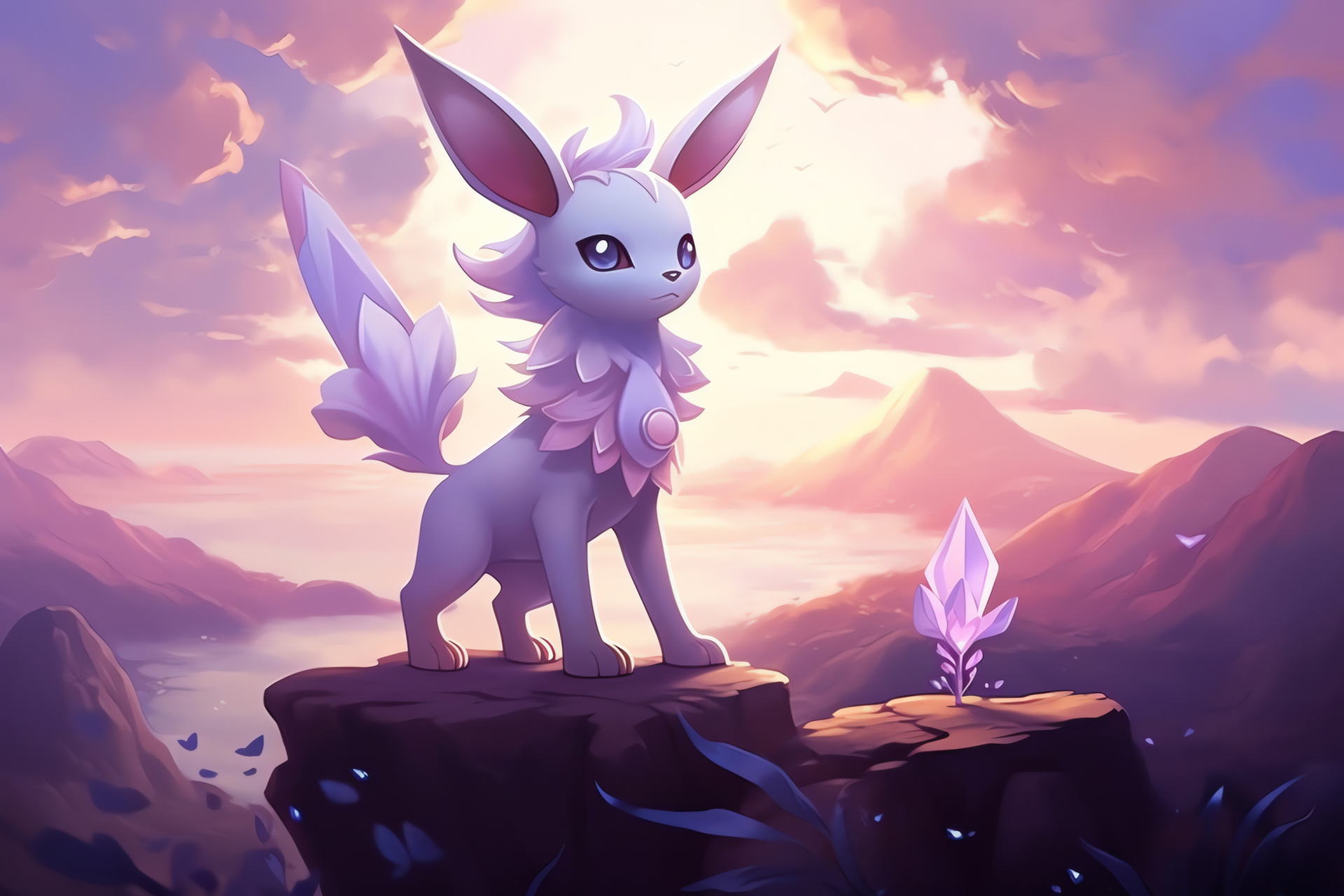 Pokemon Espeon evolution, Psychic powers, Violet shades, Dusk atmosphere, Animated figure, HD Desktop Wallpaper