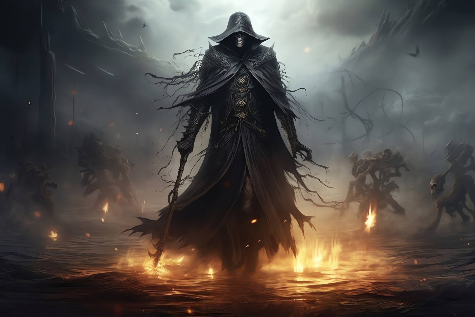 Undead Warlock, Virtual battlegrounds, Sinister mana, Skull visage, Engraved glyphs, HD Desktop Image