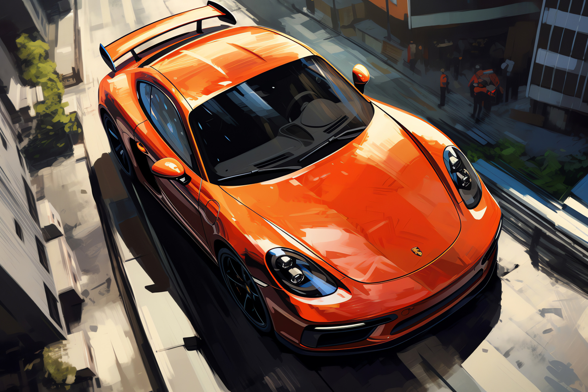 Porsche Cayman GTS urban setting, Cityscape vehicle perspective, Skyscraper backdrop, Vibrant orange exterior, Urban sports car, HD Desktop Image