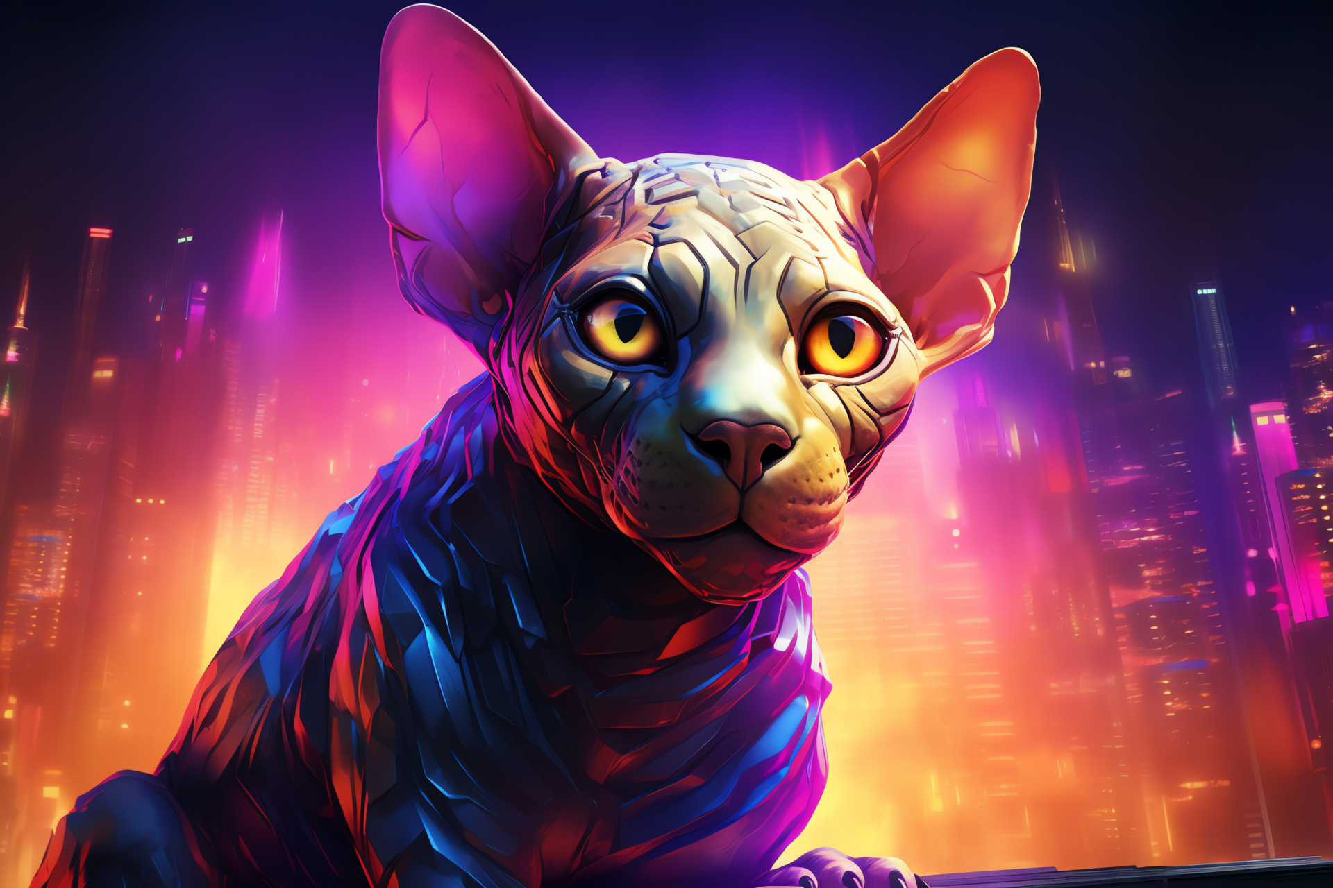 Sphynx Space Cat, Hairless breed phenomenon, Urban jungle companion, Nocturnal city life, Alien landscape explorer, HD Desktop Wallpaper