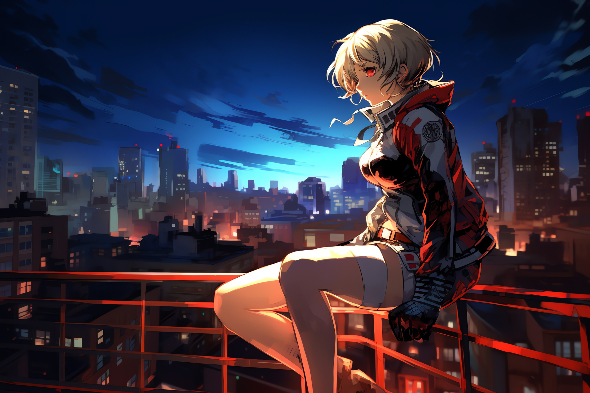 Persona 3 SEES team, Aigis on rooftop, Nighttime cityscape, Urban neon illumination, Gaming backdrop, HD Desktop Image