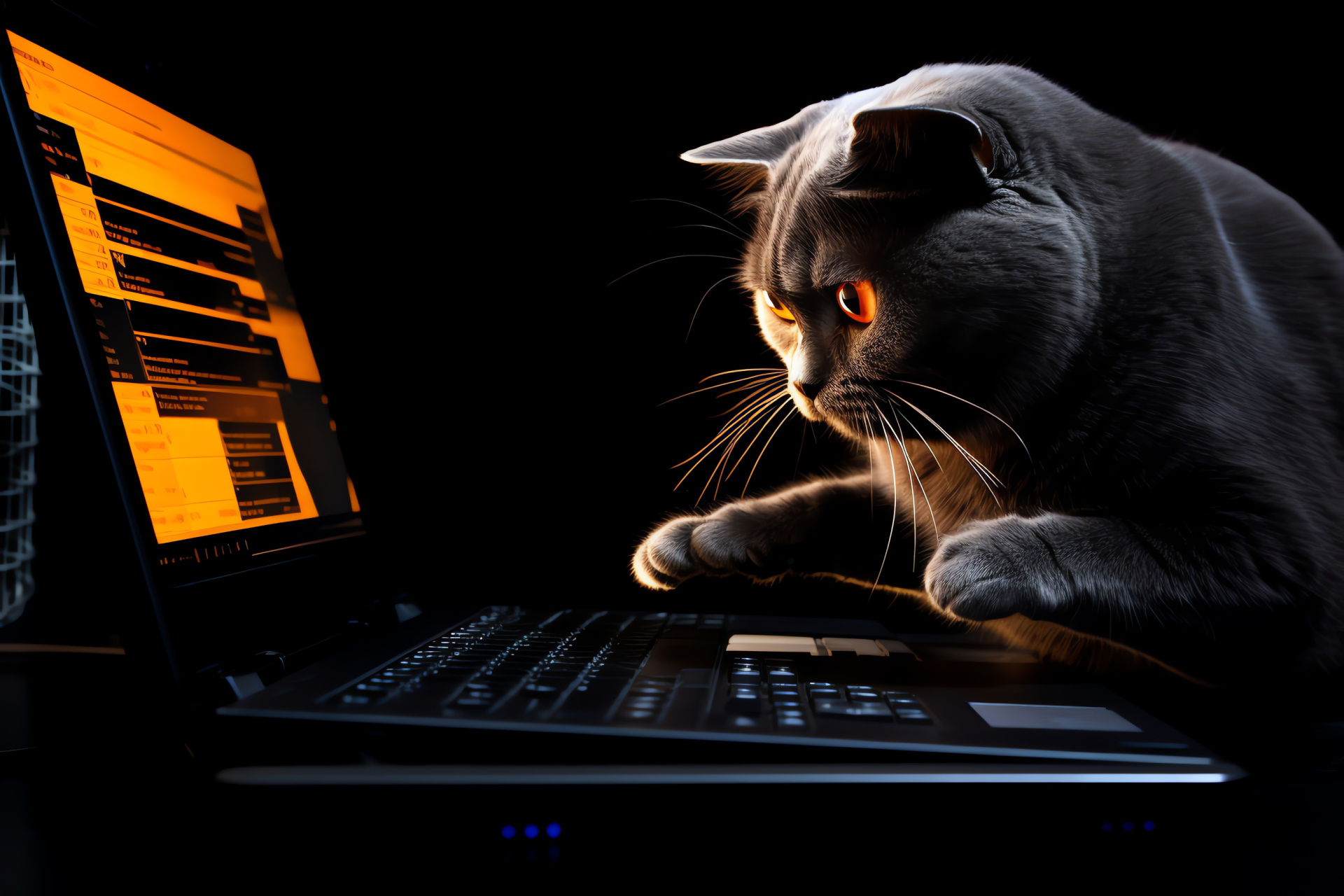 Reading Cats Computer, Domestic Scottish Fold, Feline with orange eyes, Office setting, Black backdrop, HD Desktop Image