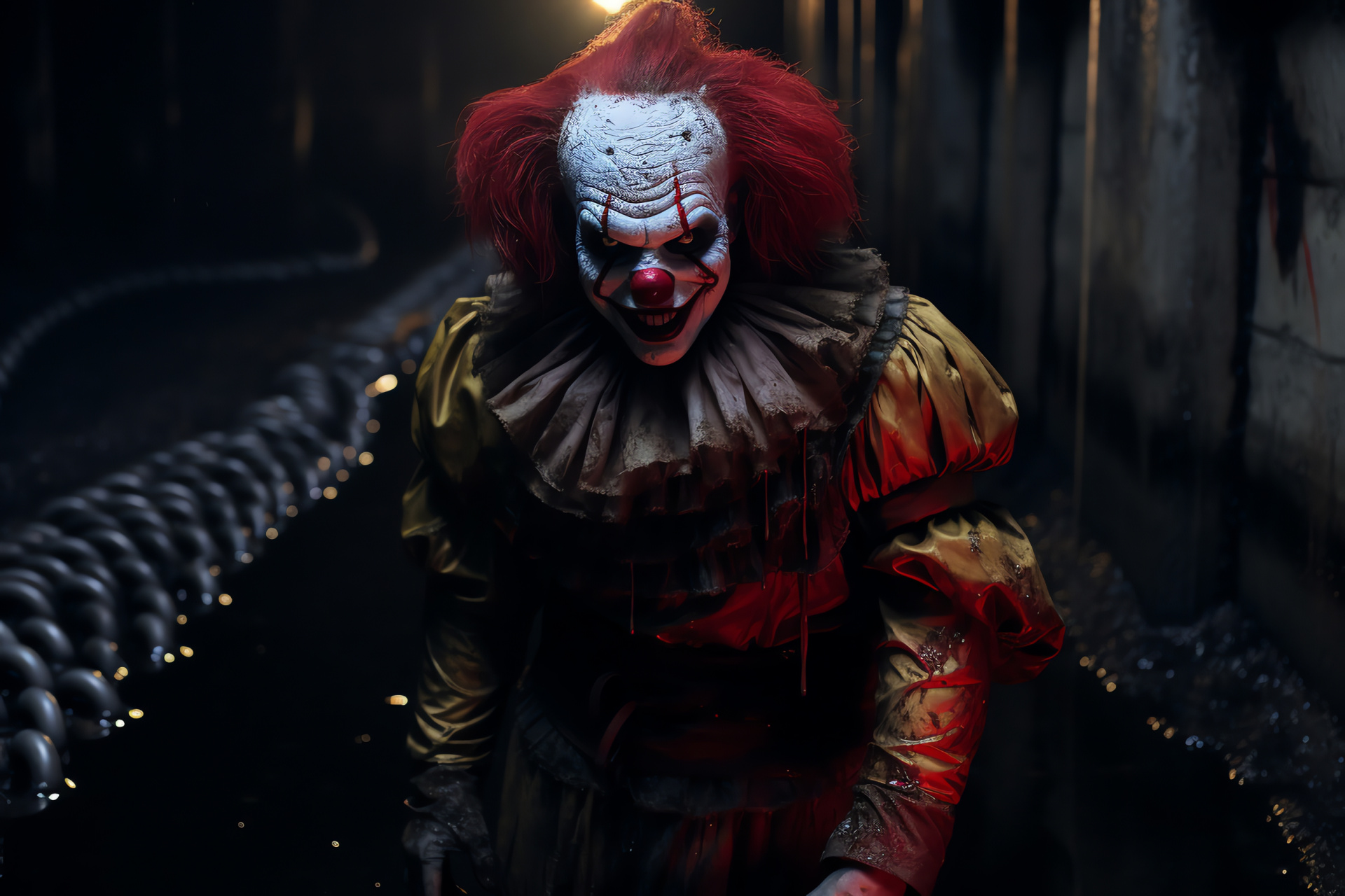 Pennywise The Clown, Stephen King's It, horror icon, underground lair, eerie atmosphere, HD Desktop Wallpaper