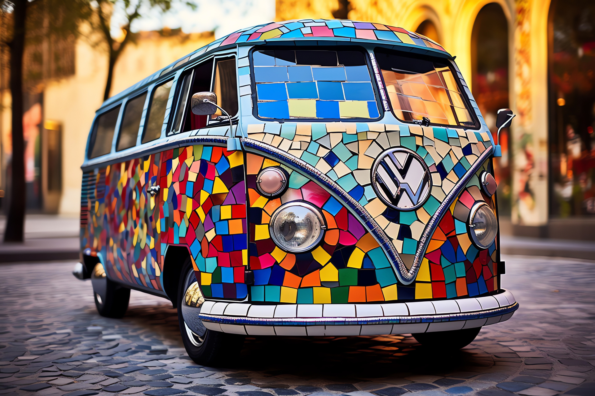 Volkswagen Bus, Spanish cityscape, Art Nouveau influence, distinctive livery, urban environment, HD Desktop Wallpaper