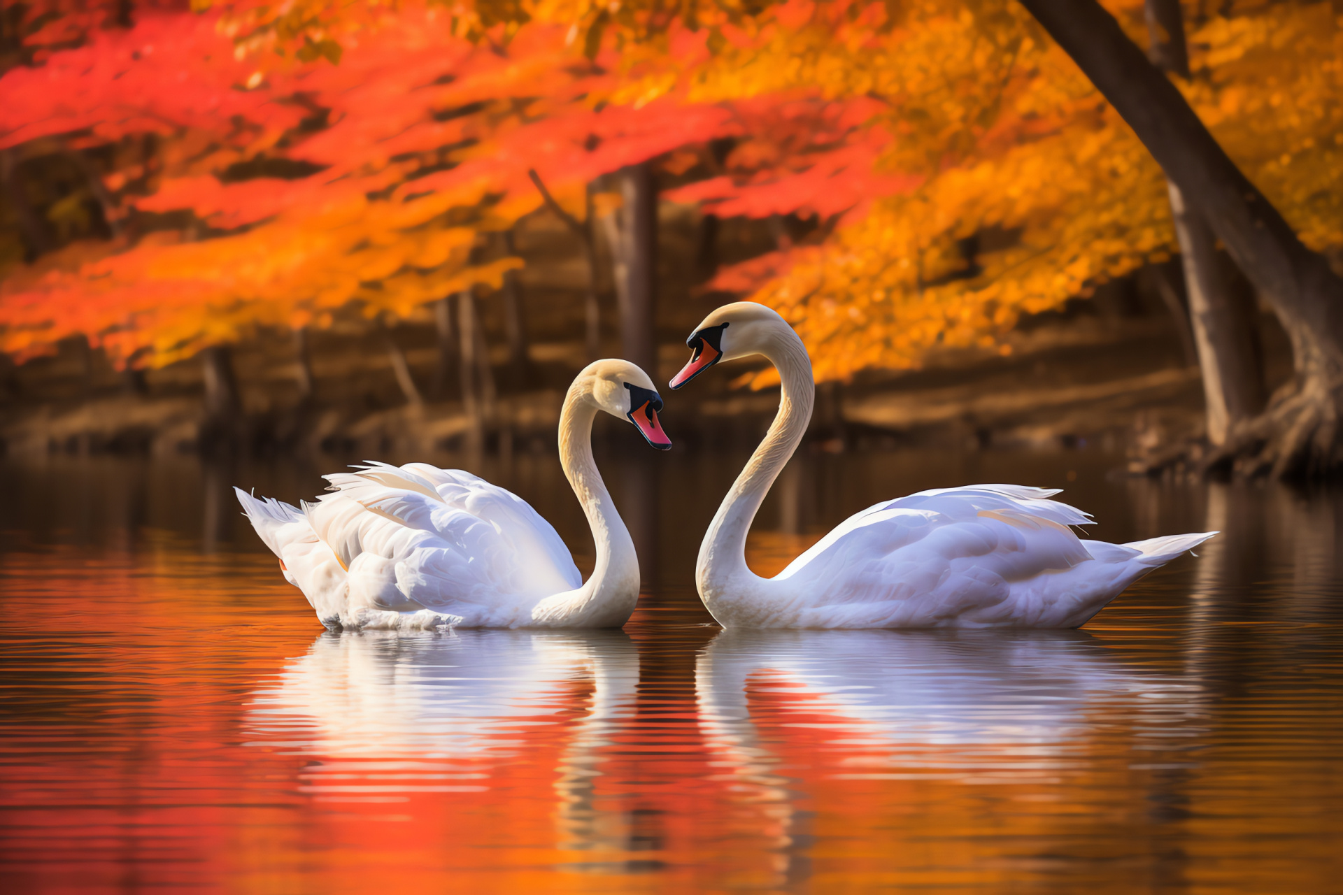 Graceful Swan curvature, White feathered elegance, Lakeside serenity, Autumnal splendor, Avian grace, HD Desktop Image