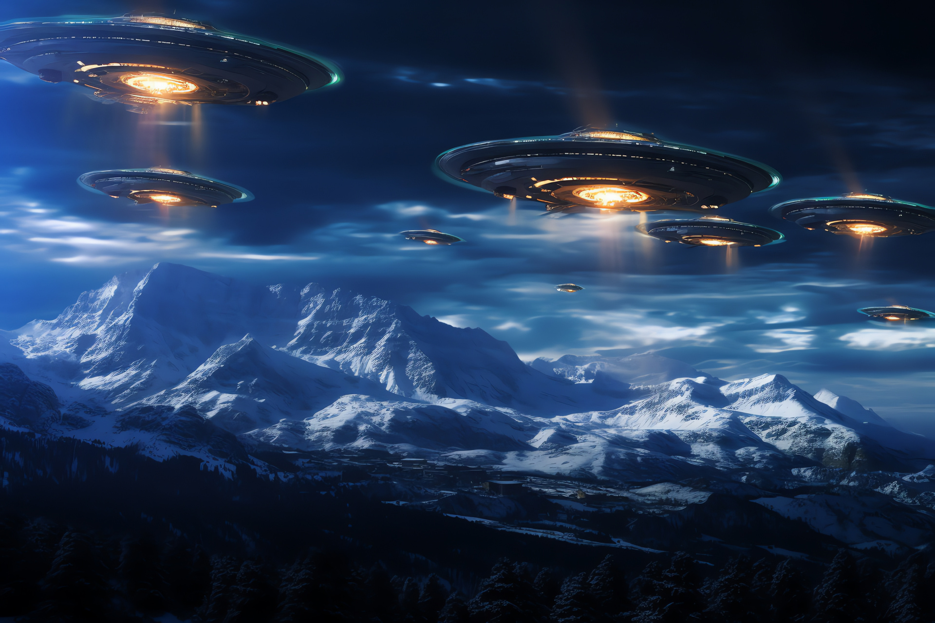 UFO group, Aerial maneuvers, Mountainous earth terrain, Airborne trail, Alien visitation, HD Desktop Wallpaper