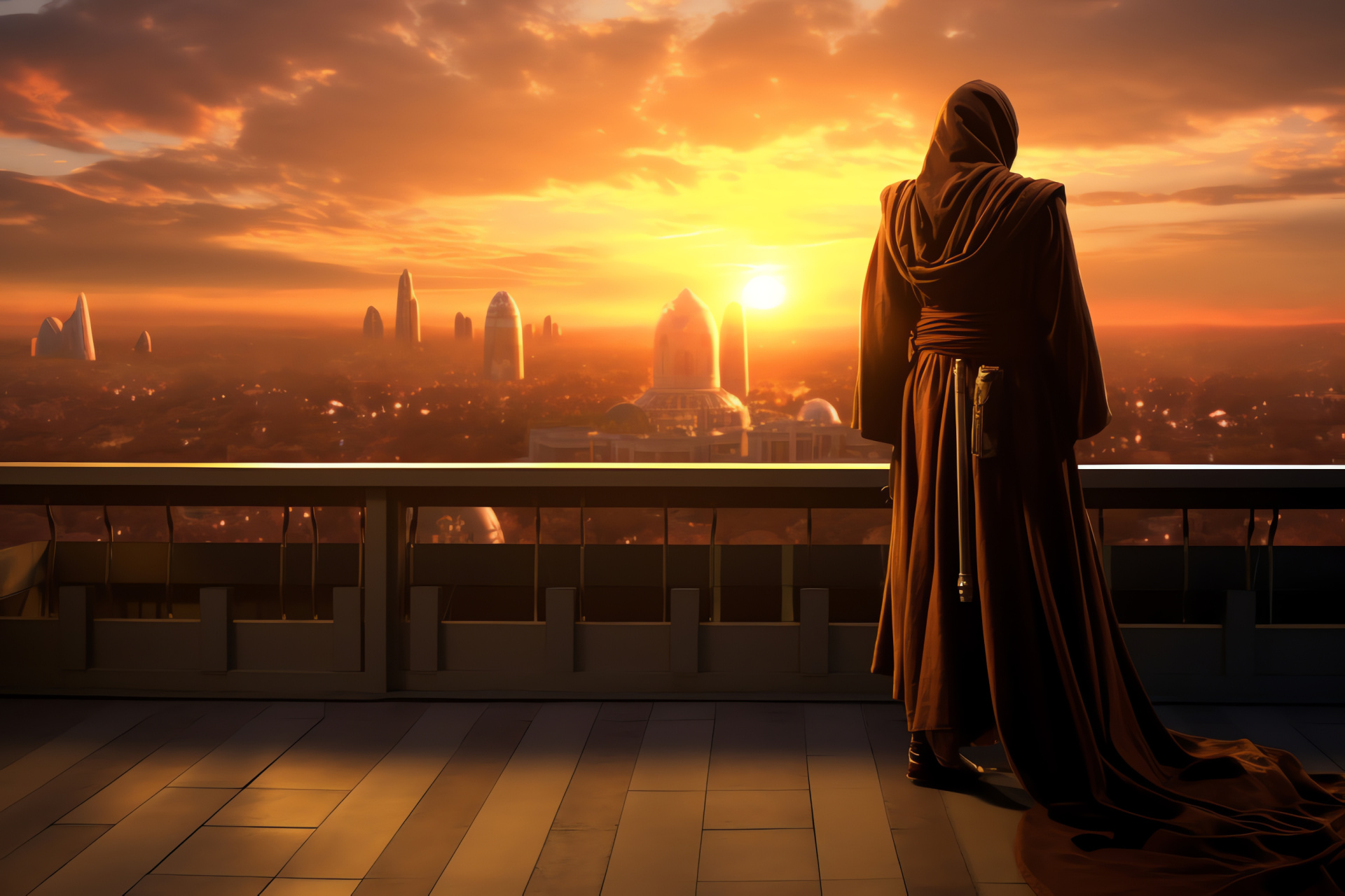 Obi Wan Kenobi, iconic edifice, planetary capital, evening ambiance, brilliant tones, HD Desktop Wallpaper