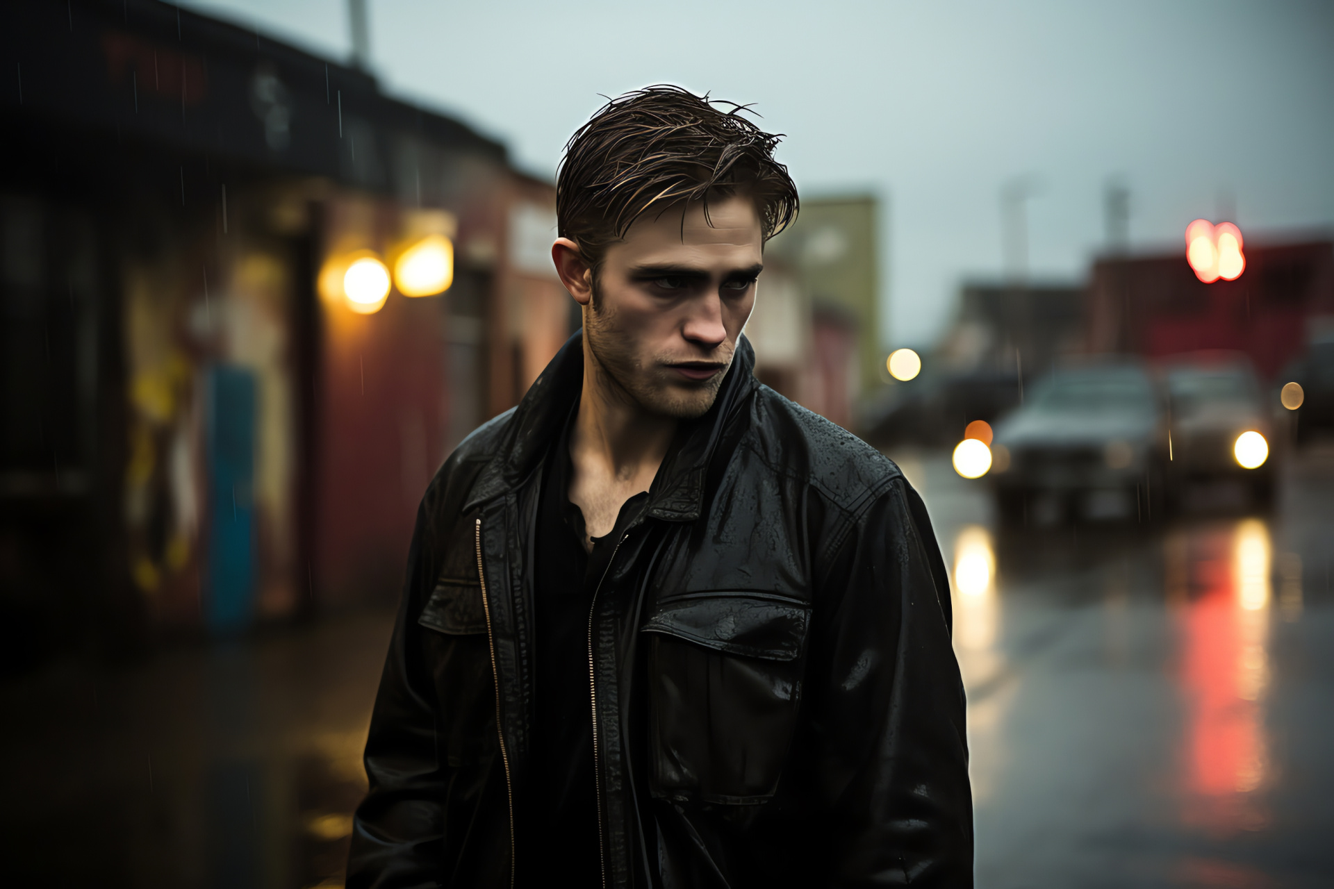 Actor Rob Pattinson, Urban desolation setting, Worn leather wardrobe, Cinematic ambience, Muted illumination, HD Desktop Image