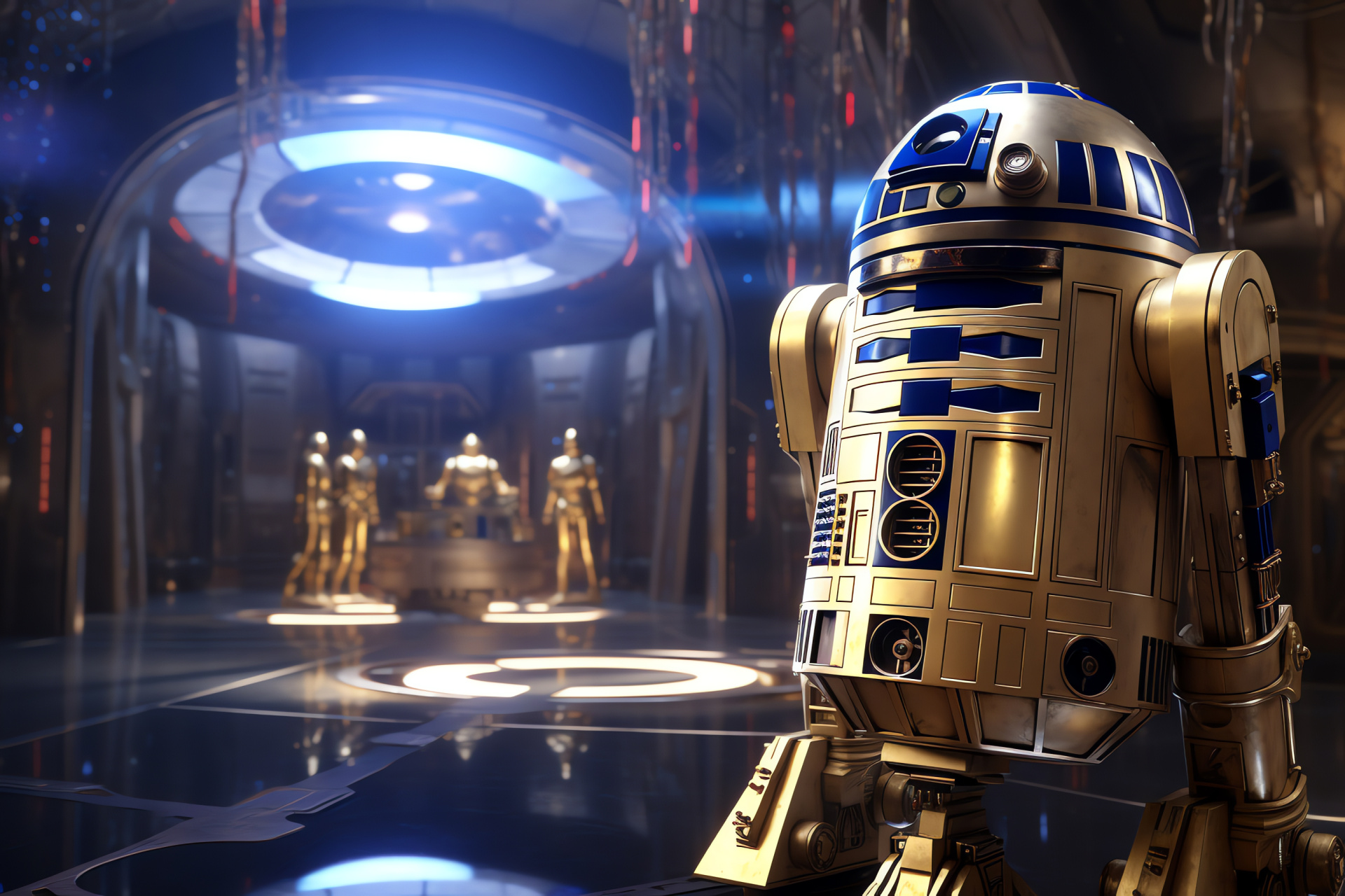 R2-D2 at Jedi Temple, Detailed droid close-up, Coruscant location, Star Wars epic backdrop, Iconic astromech, HD Desktop Wallpaper