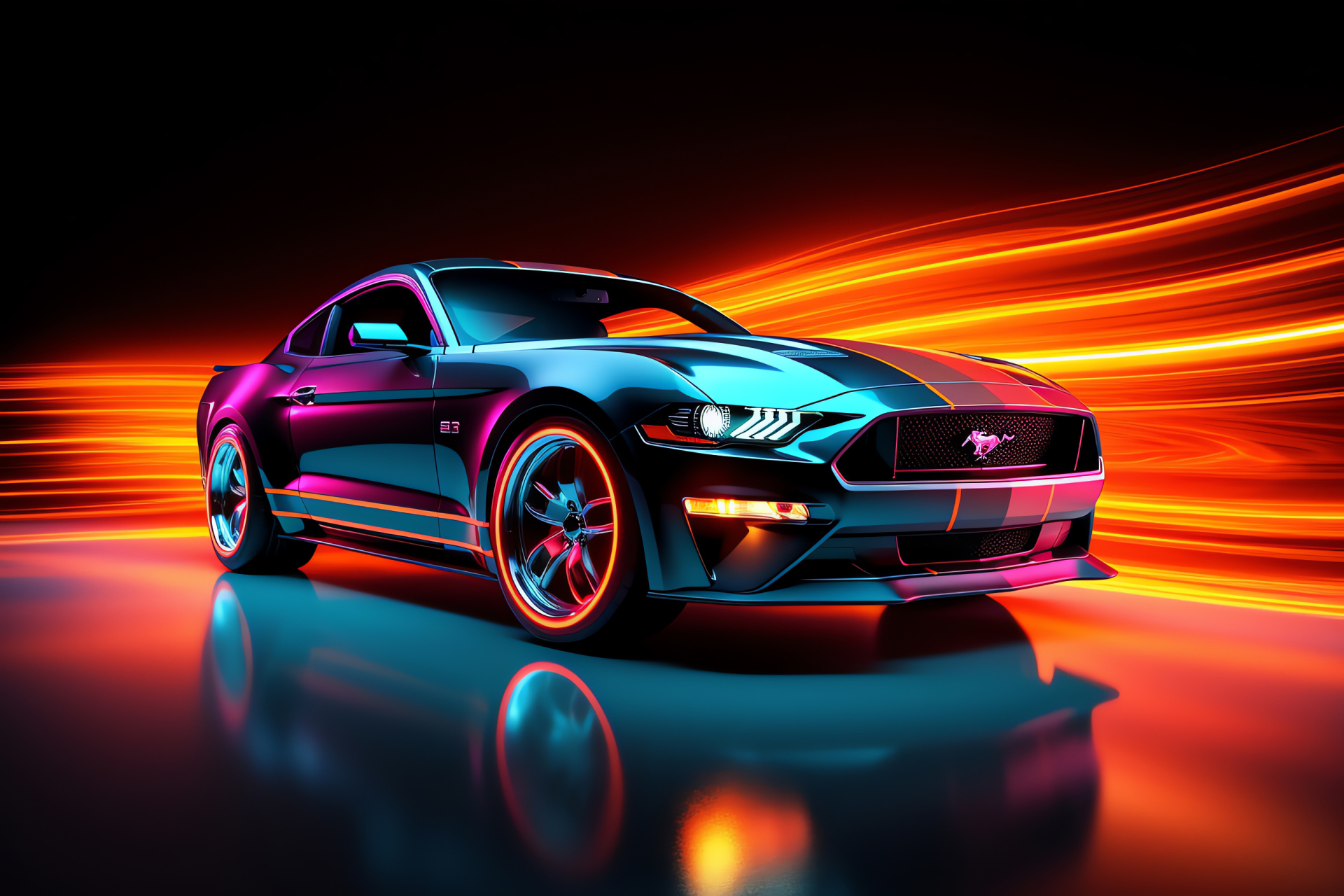 Mustang HD, Glowing backdrop, Triple-color theme, Automotive design, Striking appearance, HD Desktop Image