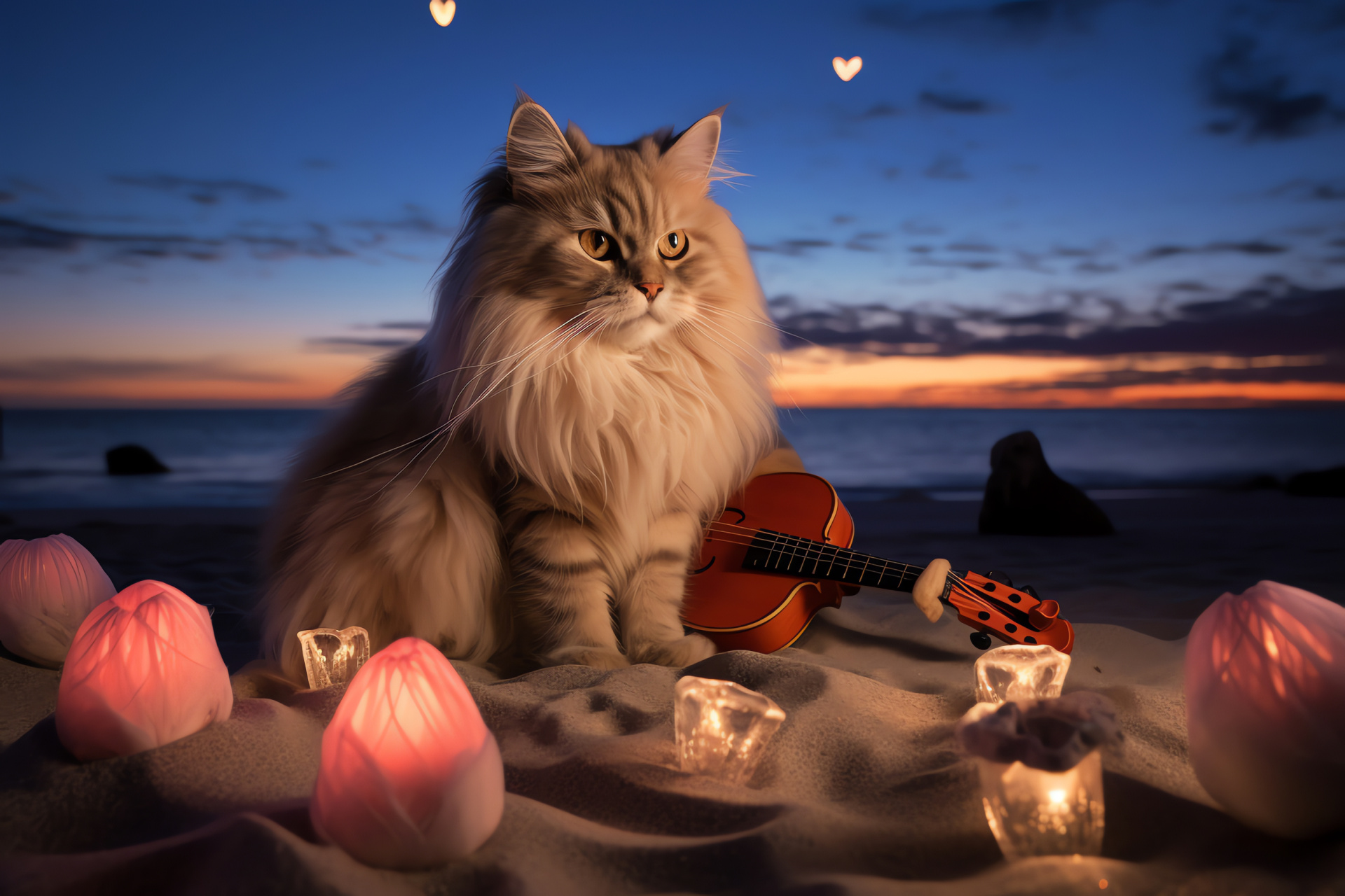 Nocturnal beach, Romantic felines, Oceanic hearts, Luminous echinoderms, Lunar reflectance, HD Desktop Wallpaper