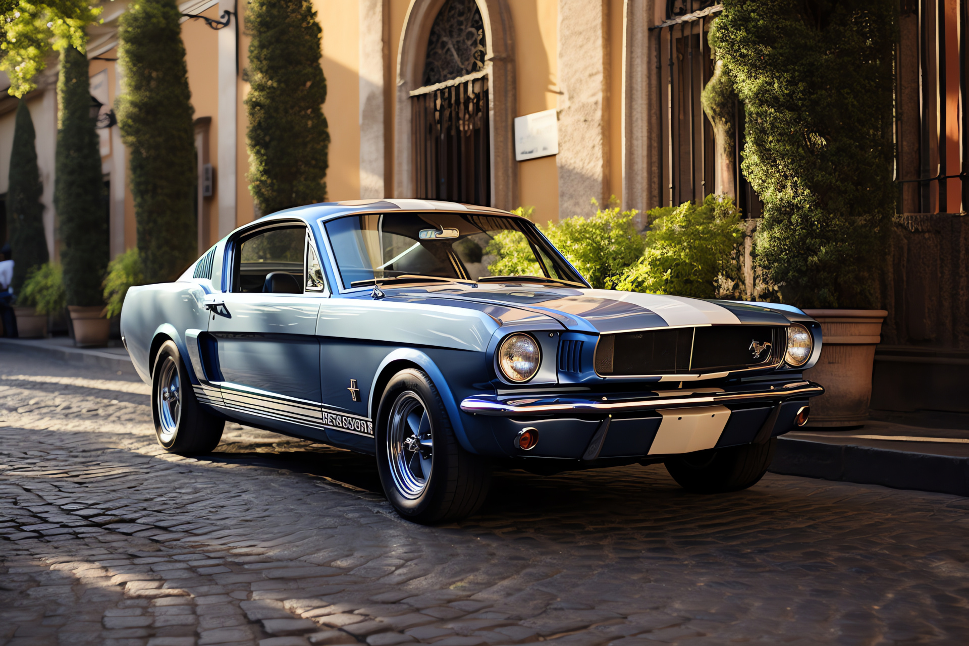 Mustang GT350, Italian cityscape, Stylish vehicular conception, Motor performance, Architectural elegance, HD Desktop Image