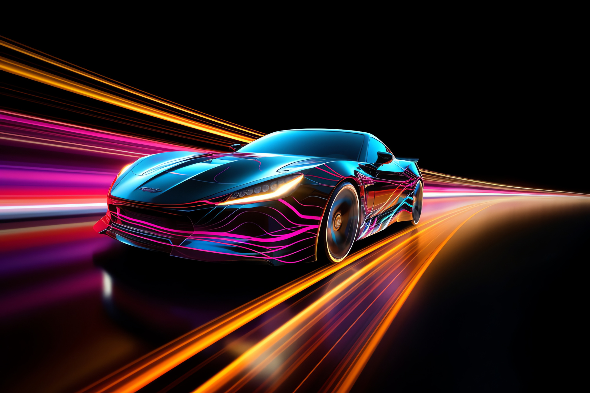 Vehicle with neon illumination, pitch-black setting, automobile display, wide stance, energetic hues, HD Desktop Wallpaper