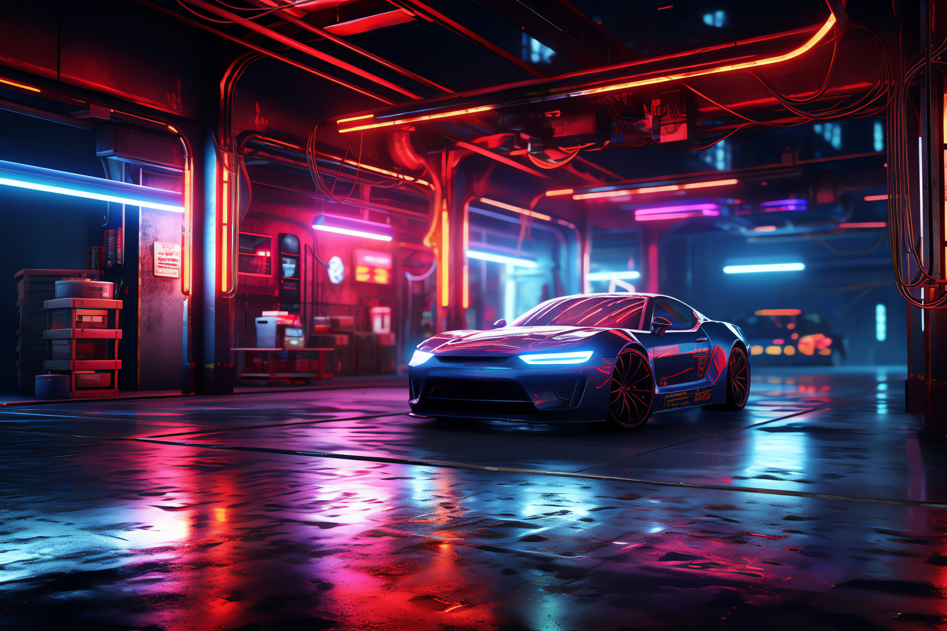 NFS Most Wanted private area, glowing ambiance, vehicles' retreat, dark canvas setting, dedication to racing, HD Desktop Wallpaper