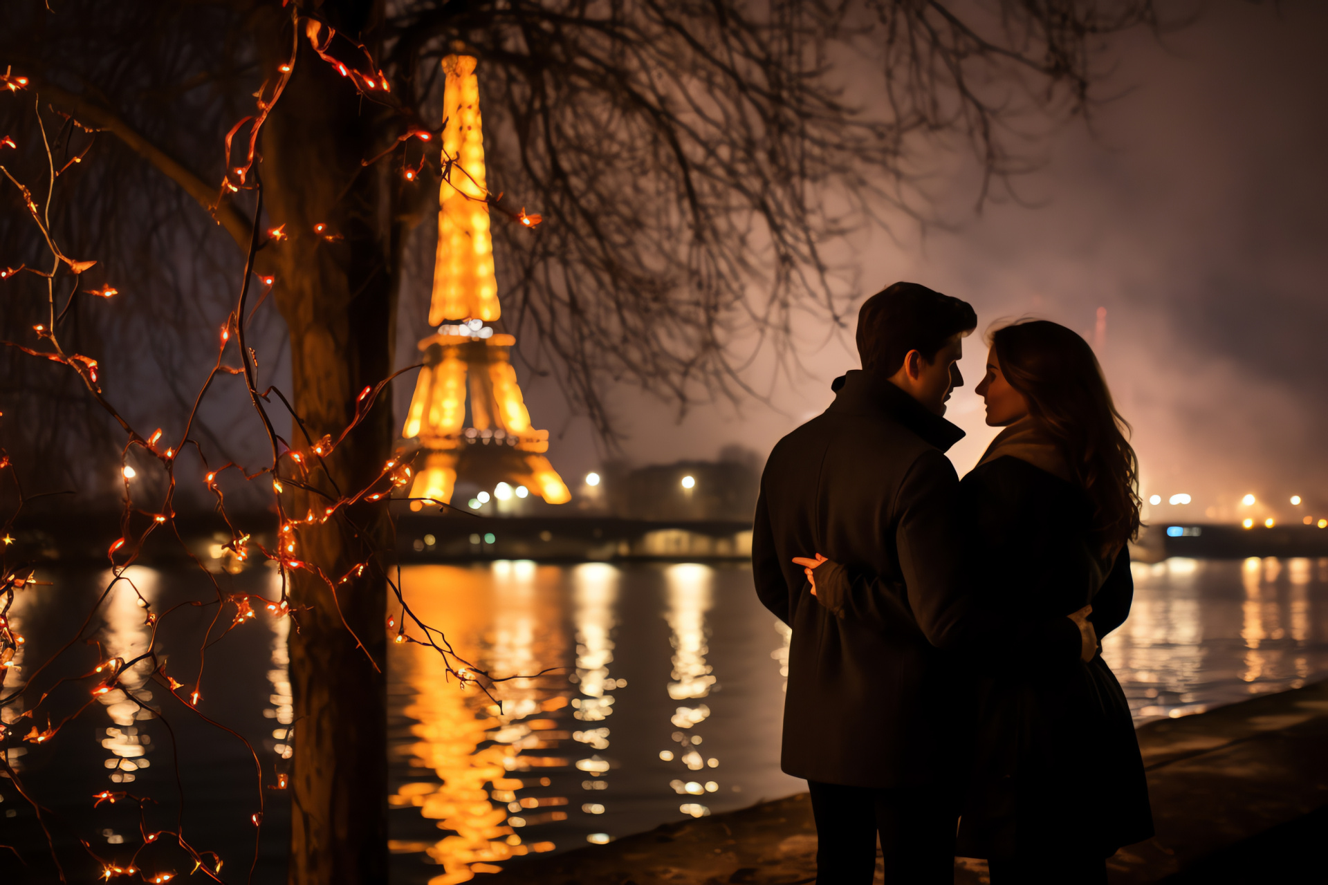 Parisian celebration, Eiffel glow, romantic ambience, Seine reflections, joyous occasion, HD Desktop Wallpaper