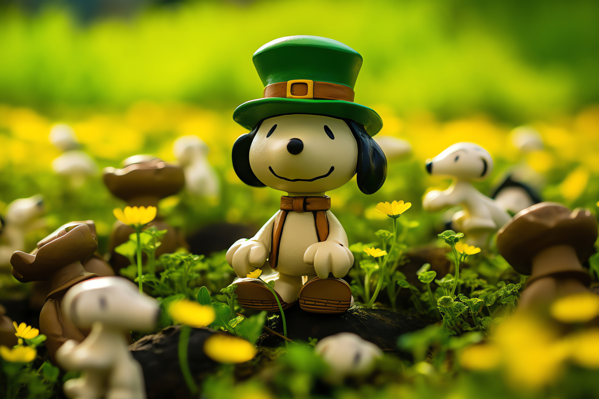 Snoopy celebrating Irish holiday, Cartoon leprechaun fun, Shamrock pattern decor, Festive folklore, March holiday, HD Desktop Wallpaper