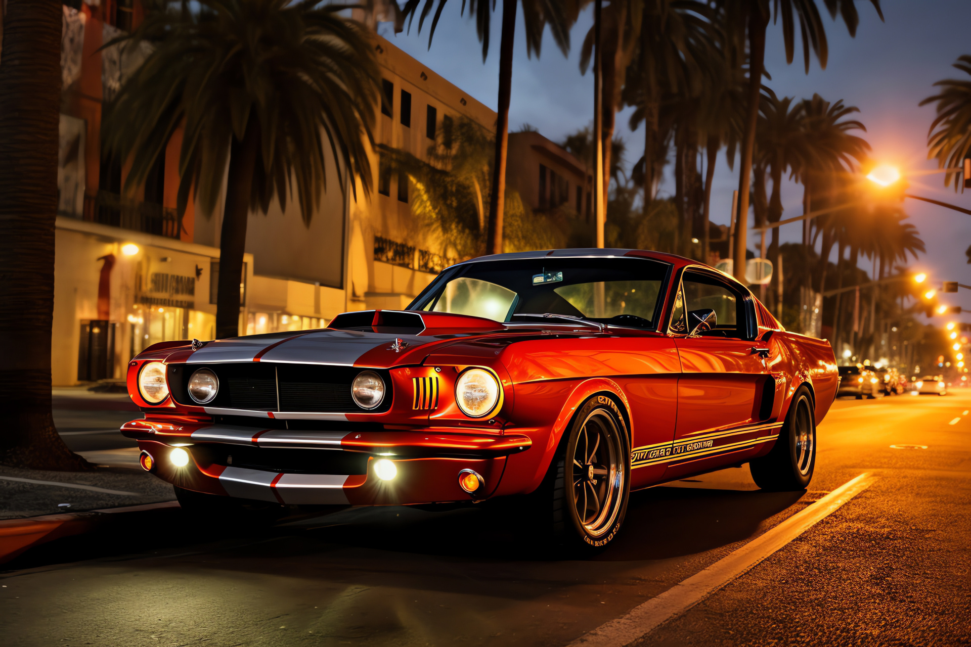 Ford Mustang GT350 sunset drive, Hollywood roadway, Los Angeles icons, American muscle, Urban journey, HD Desktop Wallpaper