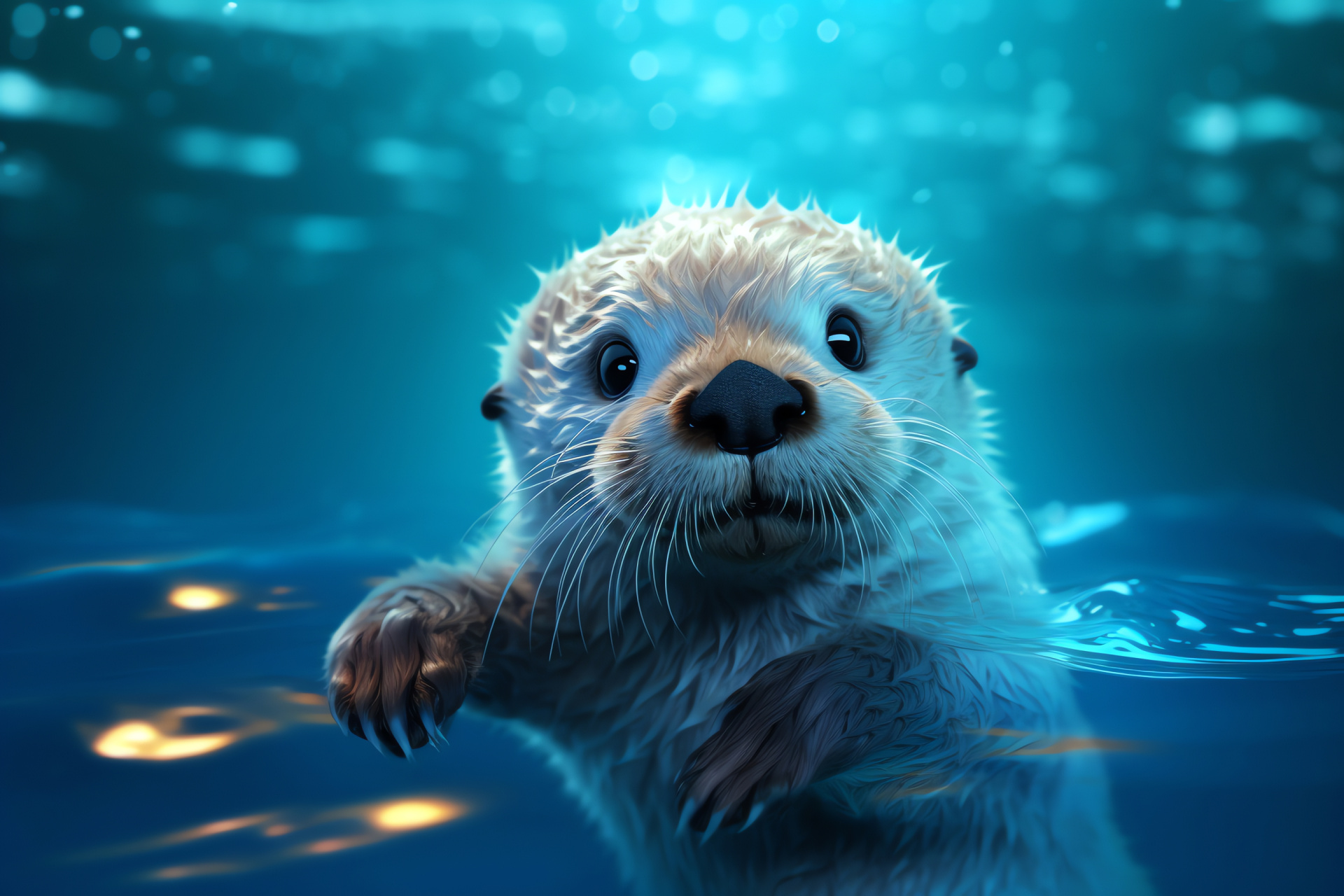 Baby Sea Otter in ocean, aquatic mammal youngster, playful water animal, marine life curiosities, adorable marine face, HD Desktop Wallpaper