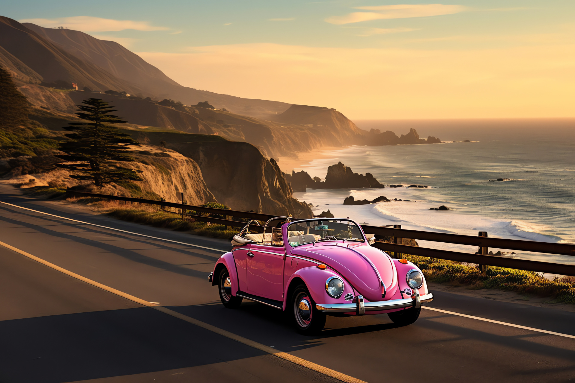 California's Pink Beetle Convertible, Scenic coastal drive, Open-top cruising, Pacific shoreline, American road trip, HD Desktop Wallpaper