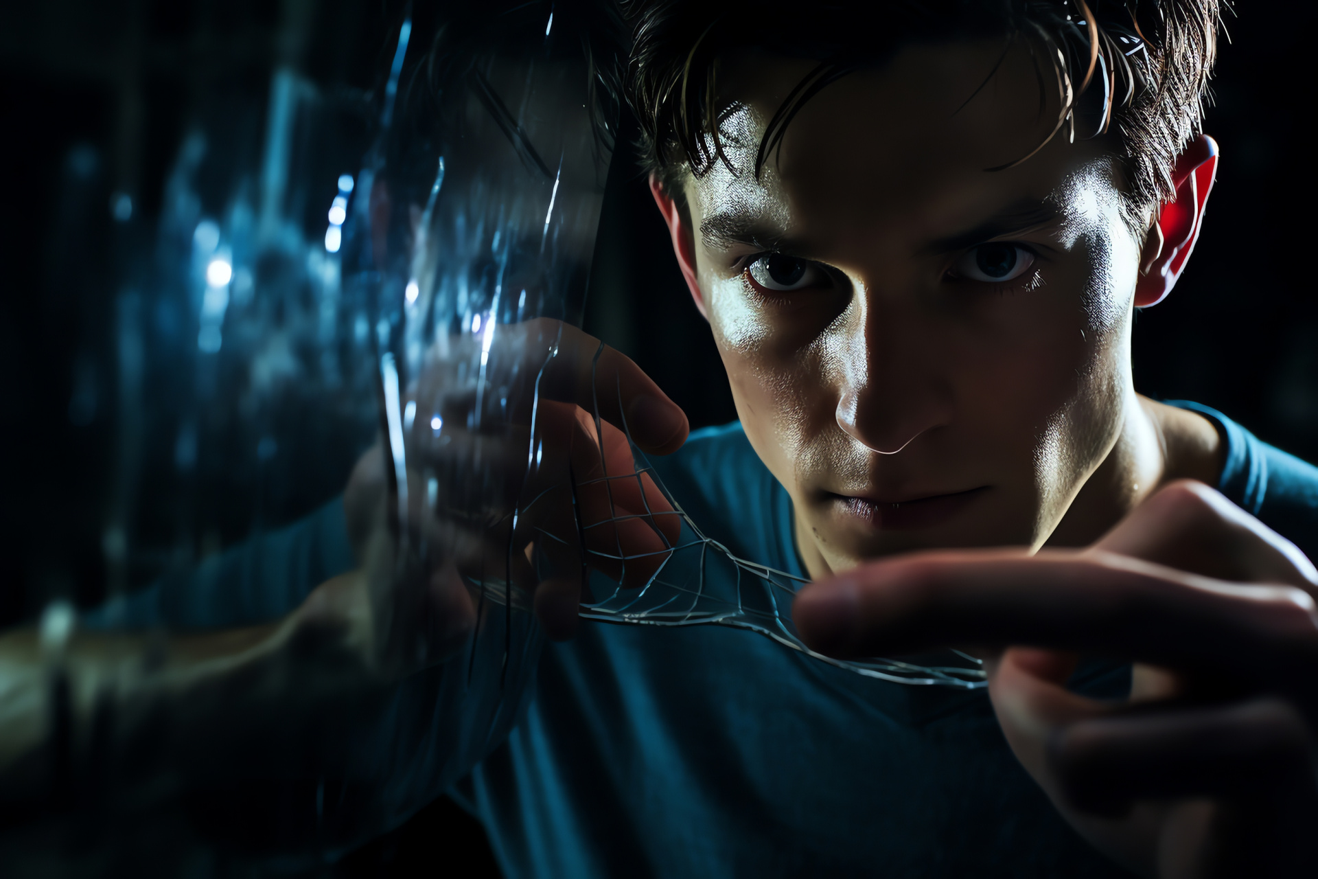 Peter Parker, Tobey Maguire portrayal, reflective surface, masked vigilante, superhero disguise, HD Desktop Image