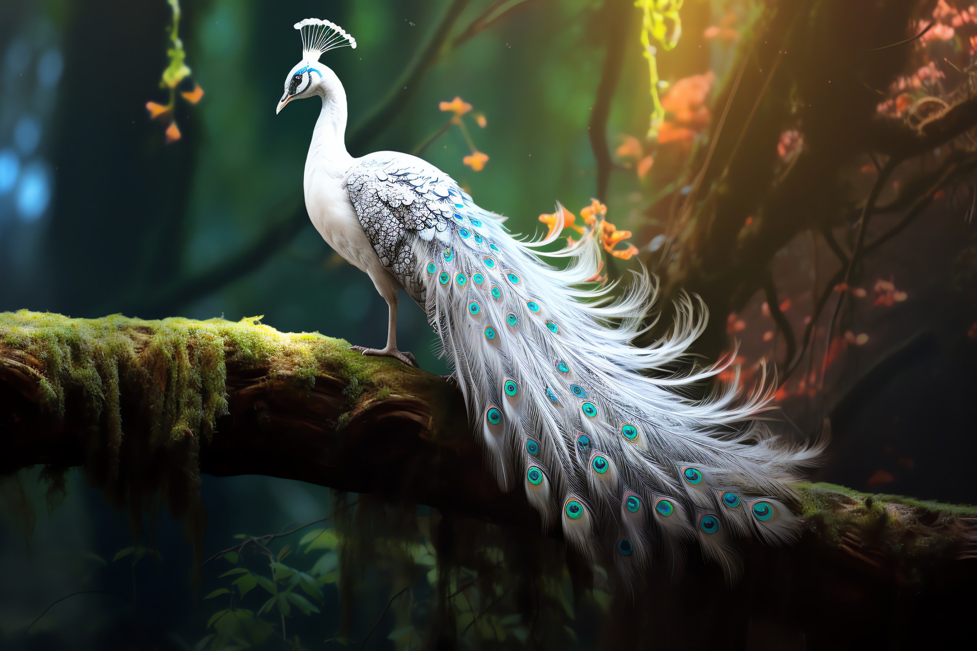 Bird White Peacock, pristine plumage, avian elegance, ornate tail fan, otherworldly fauna beauty, HD Desktop Image