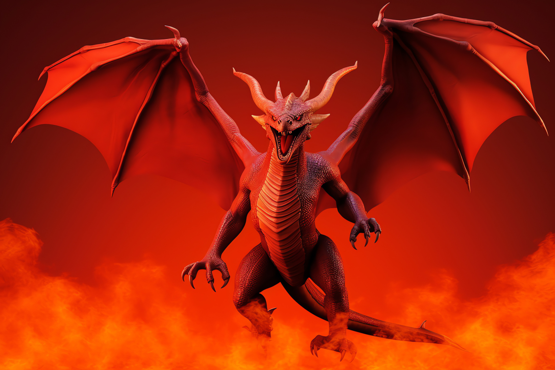 Mega Charizard, Red scaled hide, Amber-eyed fierceness, Spread wing stance, Graphic of determination, HD Desktop Wallpaper