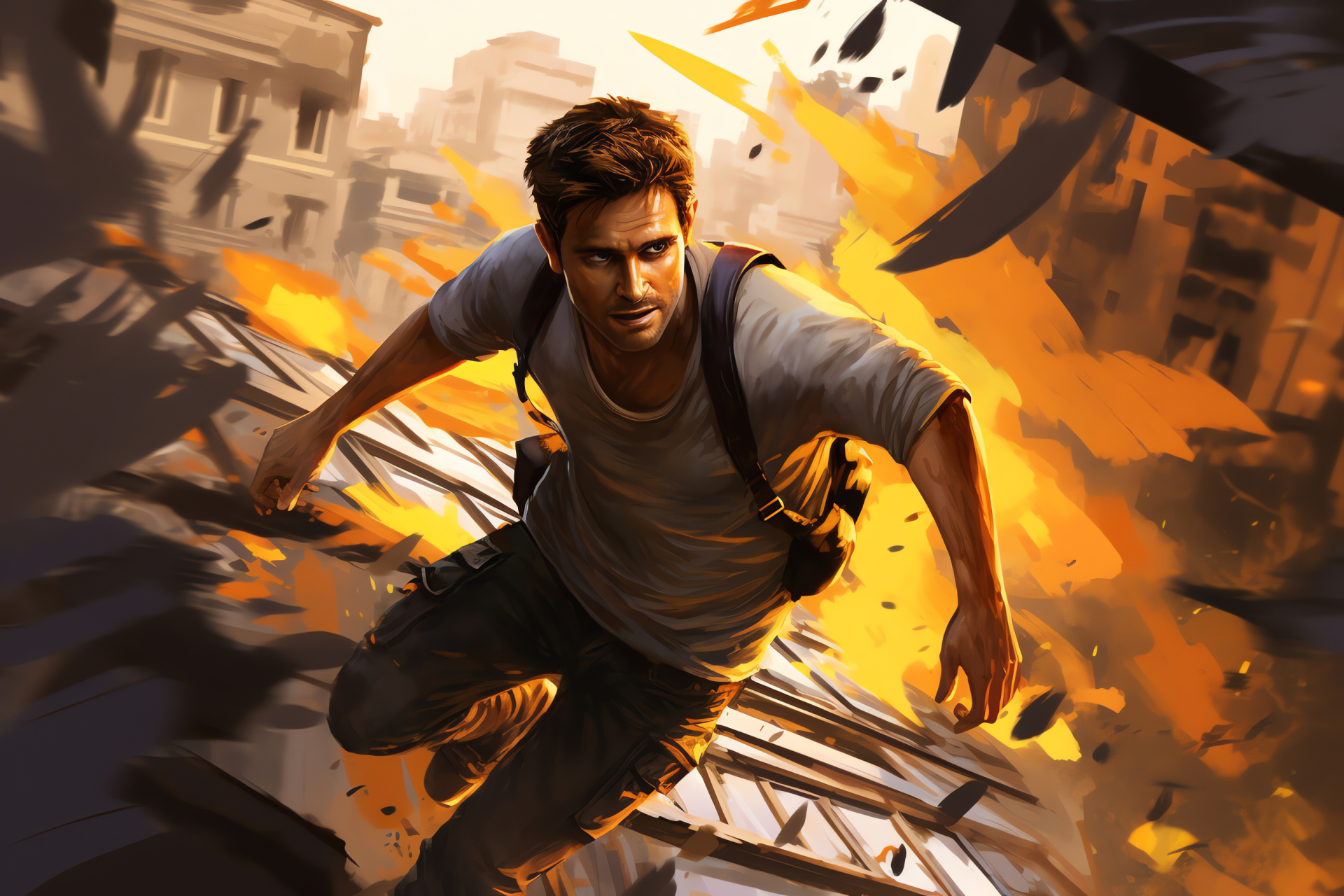 Uncharted 2s Nathan Drake, Devastated urban panorama, Agile navigator, Sky-high escape, Pinnacle traversal, HD Desktop Wallpaper