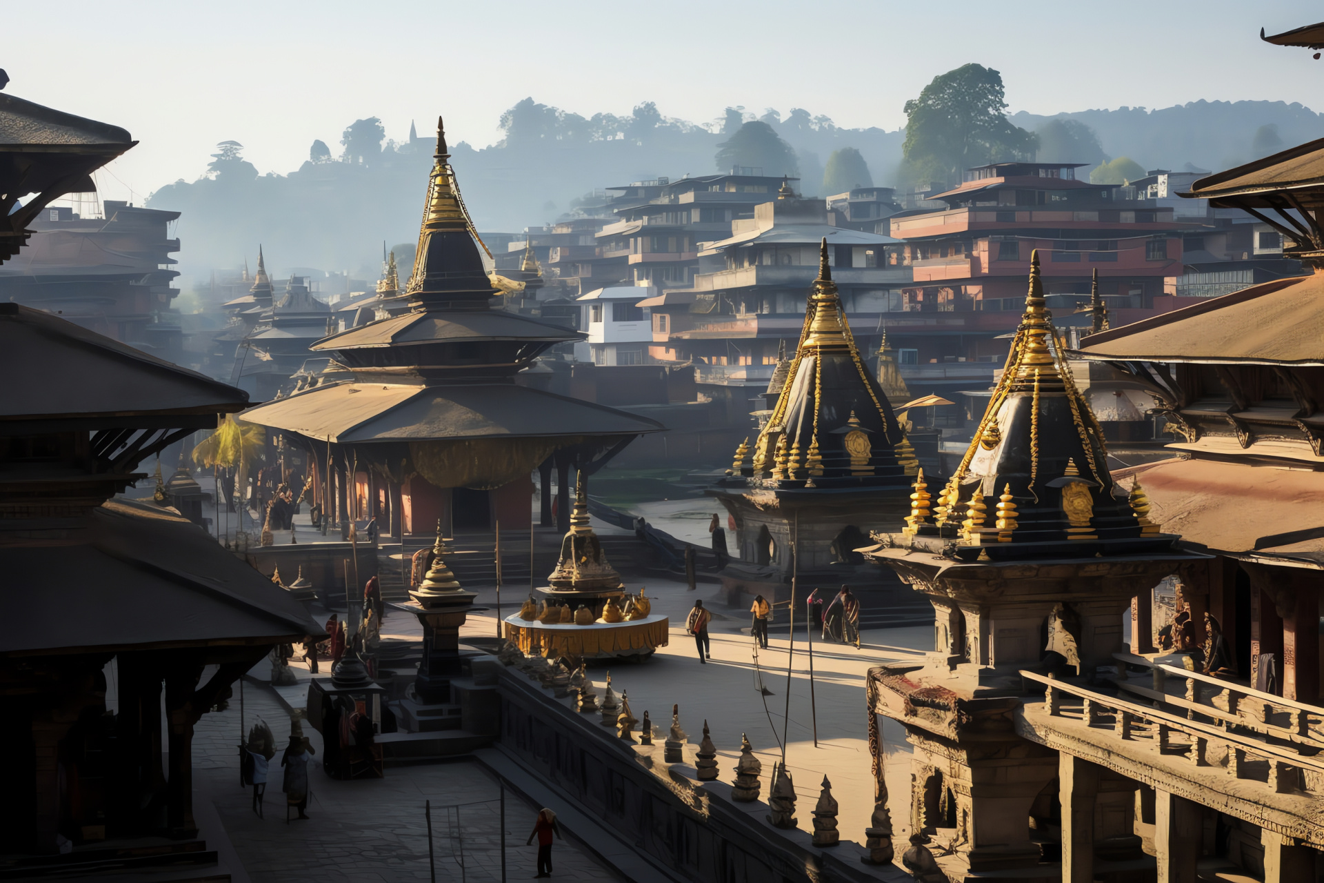 Pashupatinath Temple allure, Kathmandu sacred site, architectural woodwork, religious spires, Nepalese worship place, HD Desktop Image